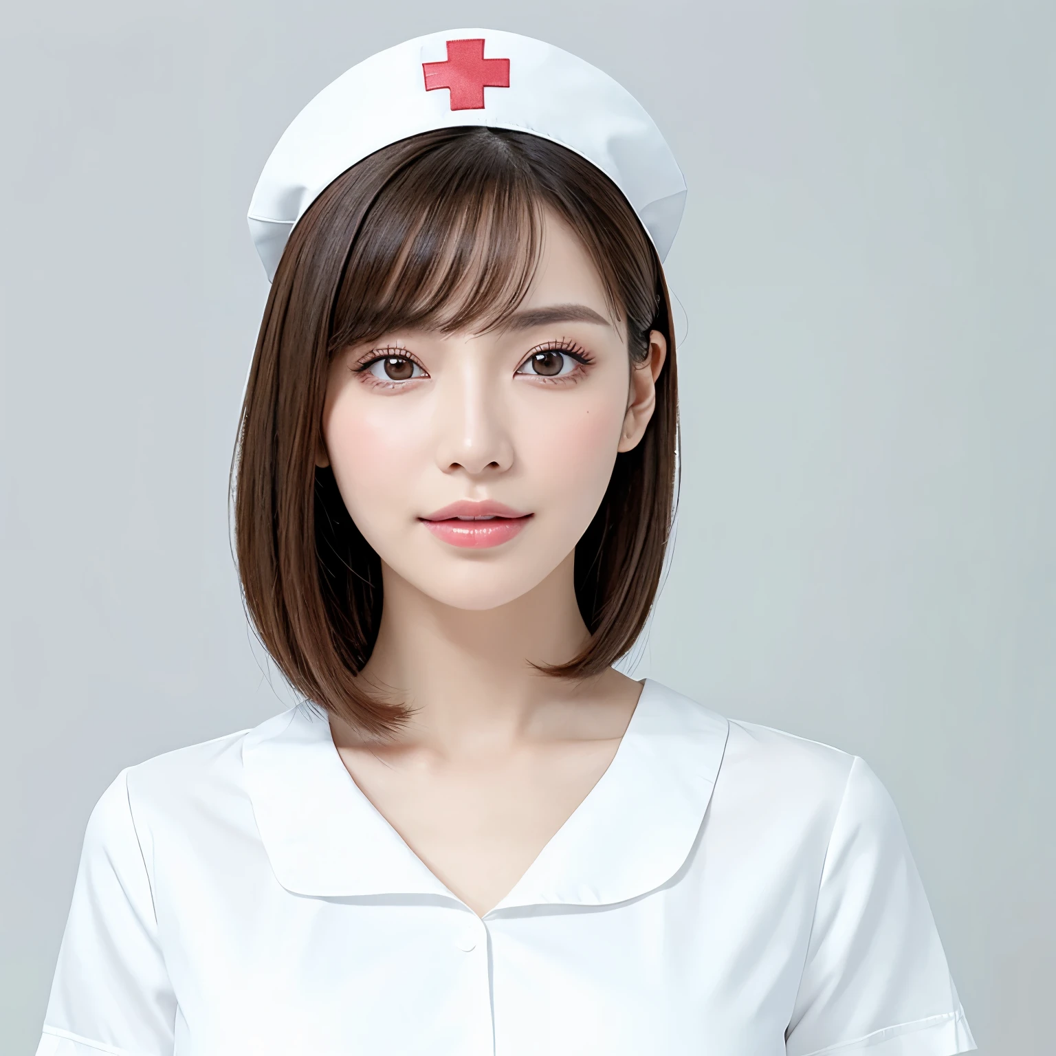 (highest quality、table top、8k、best image quality、Award-winning work)、1 beautiful nurse、(solo:1.3)、straight short hair、perfect bangs、(perfect and most natural nurse uniform:1.2)、(Perfect and most natural angular nurse cap:1.2)、(The most natural fan-shaped nurse cap:1.2)、(The simplest pure white background:1.5)、(Perfectly fixed to the front:1.3)、(very big breasts:1.1)、(emphasize body line:1.1)、(Perfect frontal and horizontal portrait of a woman with adequate white space:1.3)、(Depicting a woman perfectly horizontally and frontally:1.3)、beautiful and detailed eyes、look at me and smile、(Upright photo from the chest up:1.3)、(Please turn and look straight at me:1.3)、elegant makeup、Ultra high definition beauty face、ultra high definition hair、Super high-definition sparkling eyes、Super high resolution glossy lips、accurate anatomy、very beautiful skin、(Super high-definition sparkling pure white skin:1.2)、Graceful upright posture seen from the front、(very bright:1.3)