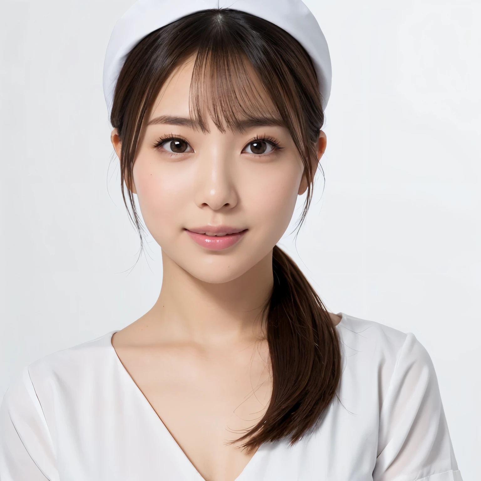 (highest quality、table top、8k、best image quality、Award-winning work)、1 beautiful nurse、(solo:1.3)、straight short hair、perfect bangs、(perfect and most natural nurse uniform:1.2)、(Perfect and most natural angular nurse cap:1.2)、(The most natural fan-shaped nurse cap:1.2)、(The simplest pure white background:1.5)、(Perfectly fixed to the front:1.3)、(very big breasts:1.1)、(emphasize body line:1.1)、(Perfect frontal and horizontal portrait of a woman with adequate white space:1.3)、(Depicting a woman perfectly horizontally and frontally:1.3)、beautiful and detailed eyes、look at me and smile、(Upright photo from the chest up:1.3)、(Please turn and look straight at me:1.3)、elegant makeup、Ultra high definition beauty face、ultra high definition hair、Super high-definition sparkling eyes、Super high resolution glossy lips、accurate anatomy、very beautiful skin、(Super high-definition sparkling pure white skin:1.2)、Graceful upright posture seen from the front、(very bright:1.3)