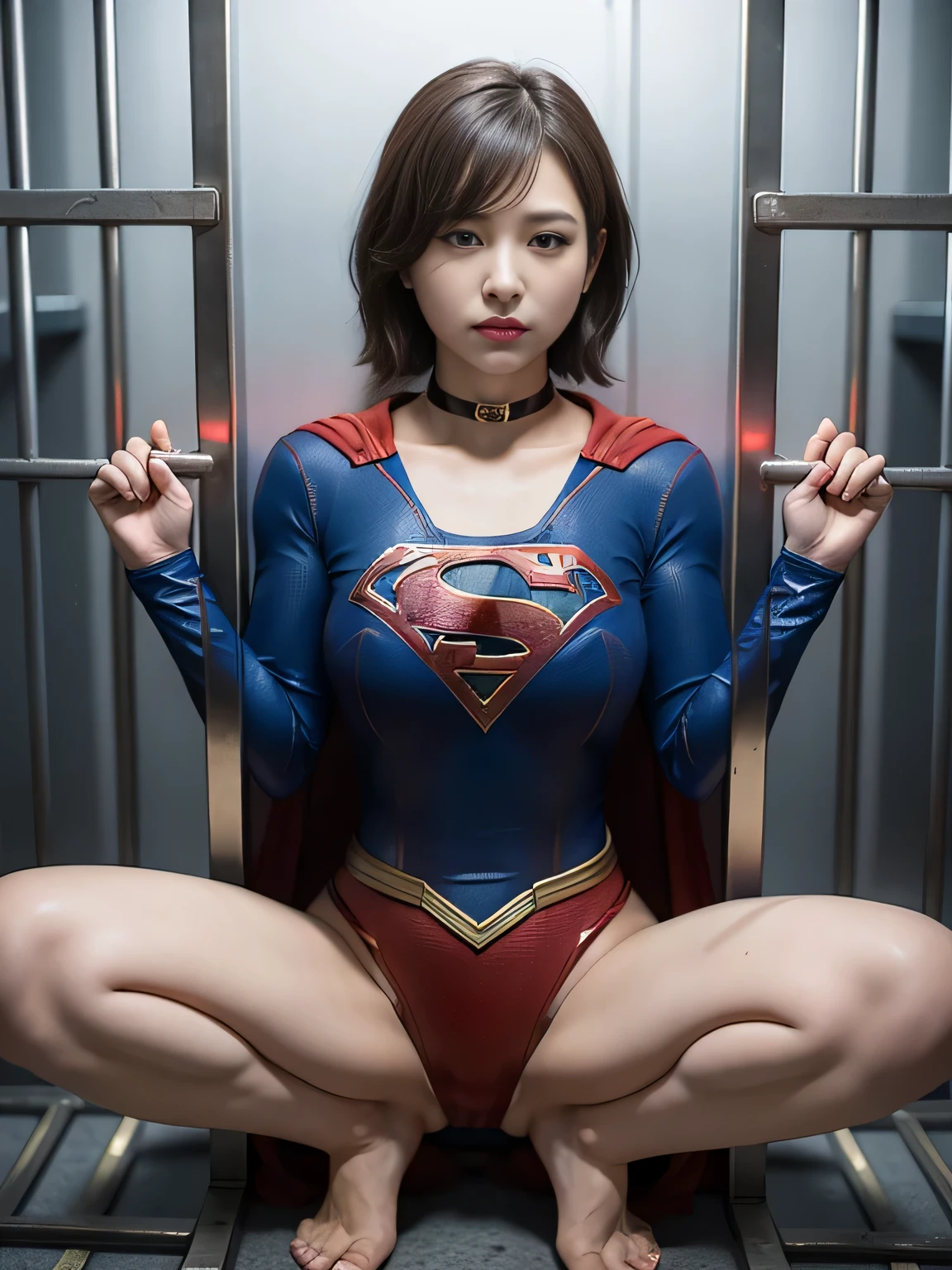masterpiece、supergirl costume、short hair、barefoot、big and full breasts、Crisis situation、prison、in a cage、imprisonment、prisoner、spread your legs、handcuffs、shiny、looking at camera、Seduce、choker、long sleeve、red sexy pose、POW camps