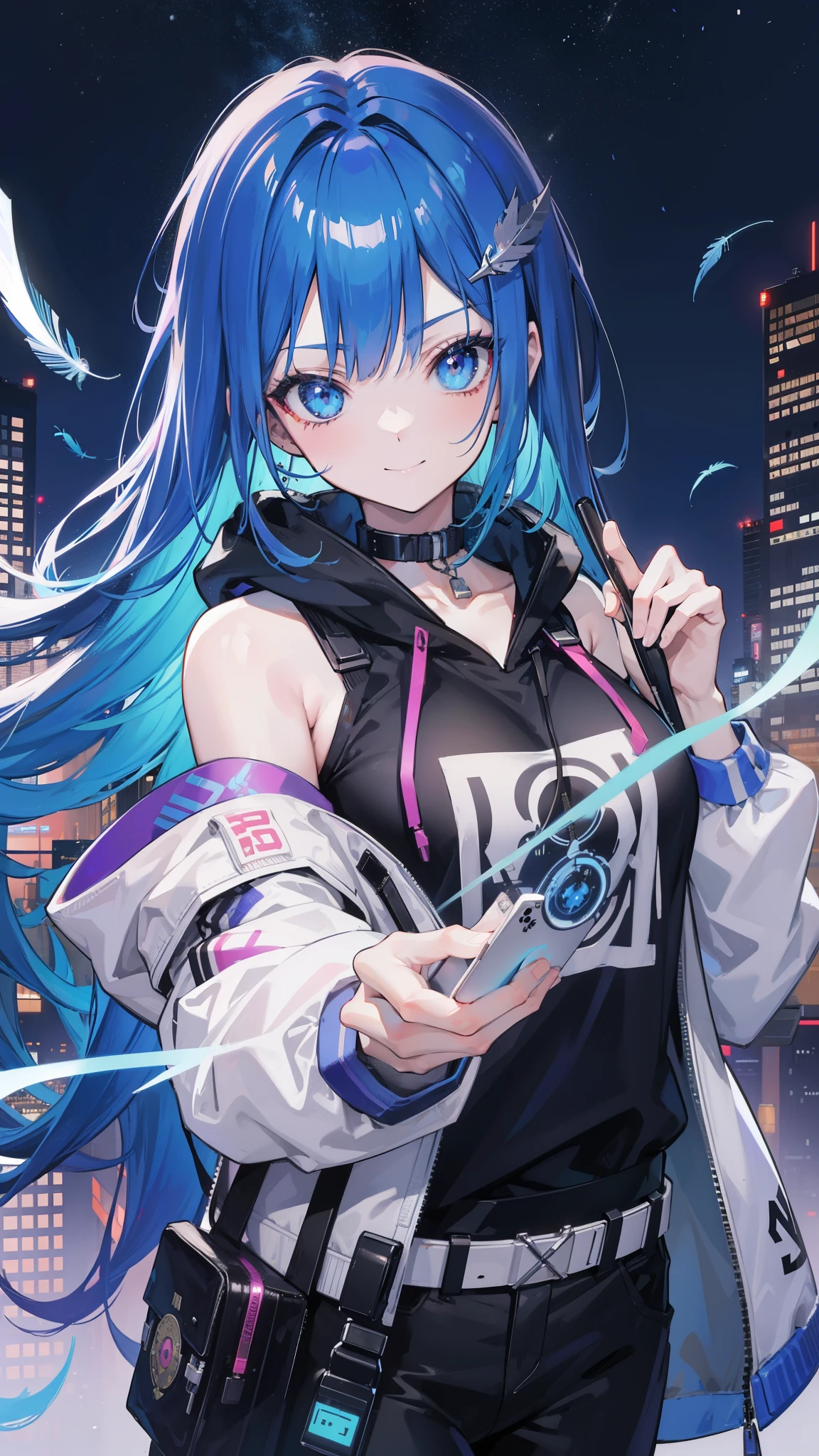 (masutepiece), Best Quality, 超A high resolution,, Cyberpunk 1 girl flies over stunning cityscapes ,Hoodie,Blue hair, neon color流れ星, Very long hair, off shoulders, feathers hair ornament, neon color, flashes, stunning night sky, Cinematic lighting, Photorealistic, Realistic skin, Fisheye, (32k), smile,