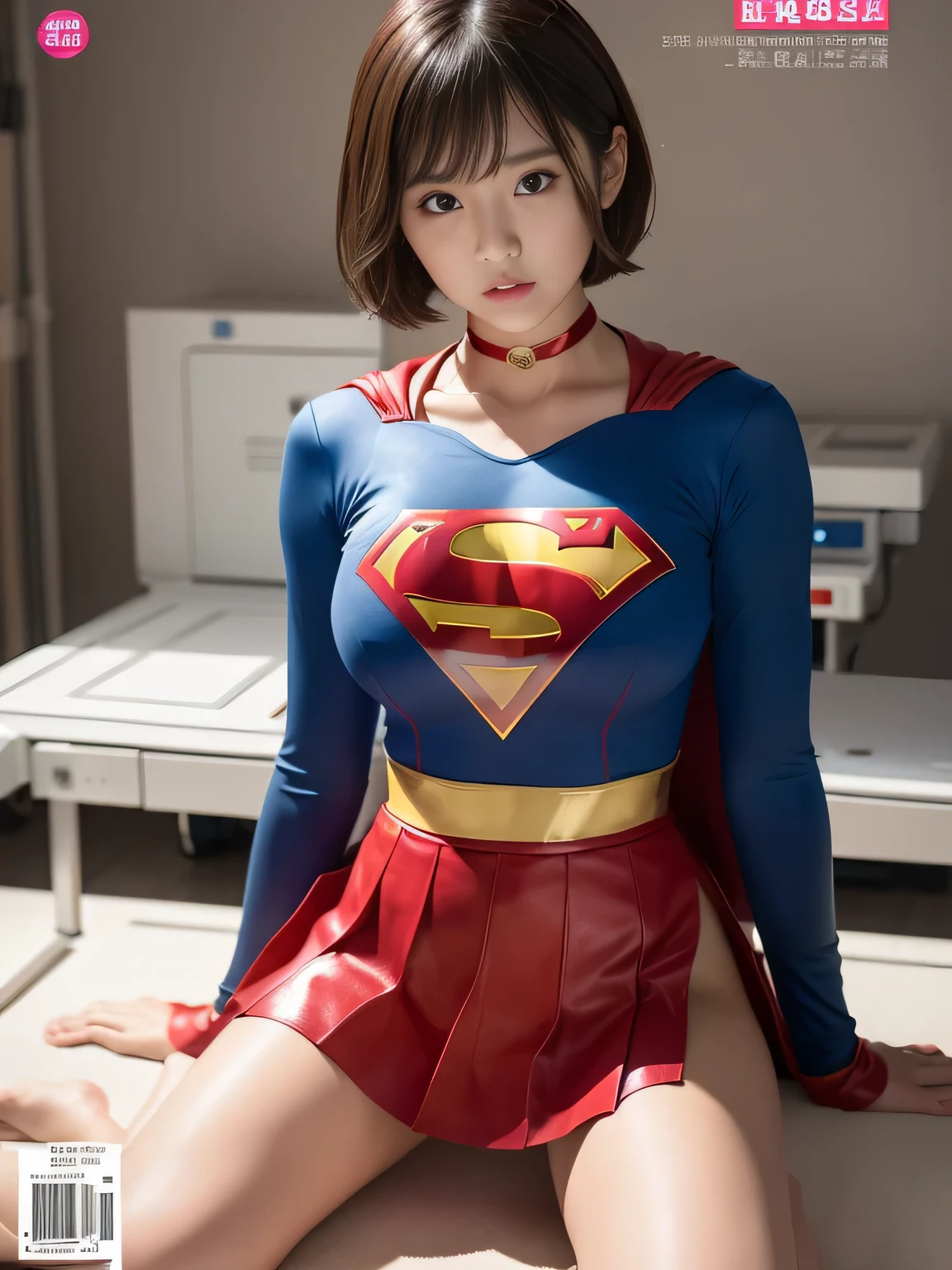 masterpiece,supergirl costume, short hair, barefoot, big and full breasts,operating room、operating table、straddle、sweat stains、shiny、look at the camera、provocation、Estrus、choker、Weekly magazine cover、long sleeve、red mini skirt、obscene pose、Seduce