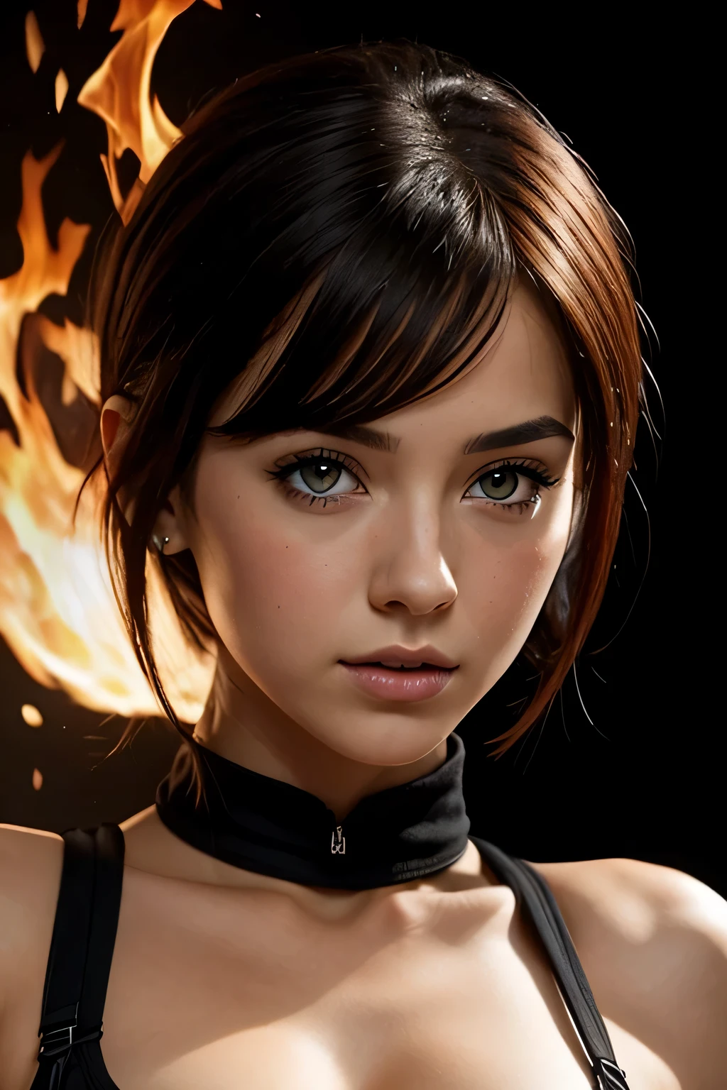 最high quality, 1 girl, (Dakotsky:1.0), black eye, pixie cut, (big breasts), cleavage、blush, ho、(((black background)))、masterpiece, 最high quality, high quality, High resolution、fiery, surrounded by flames, dota2 fire girl style, (((close up of face)))