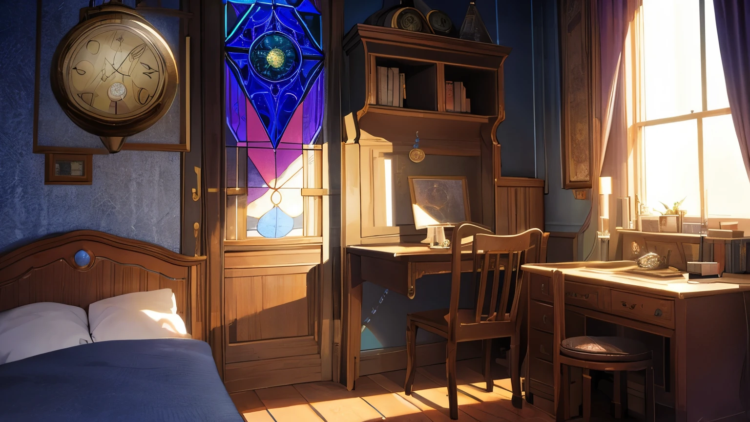 night mysterious fantasy Stained Glass A large pocket watch is displayed on the wall nostalgia small room model room minimalist