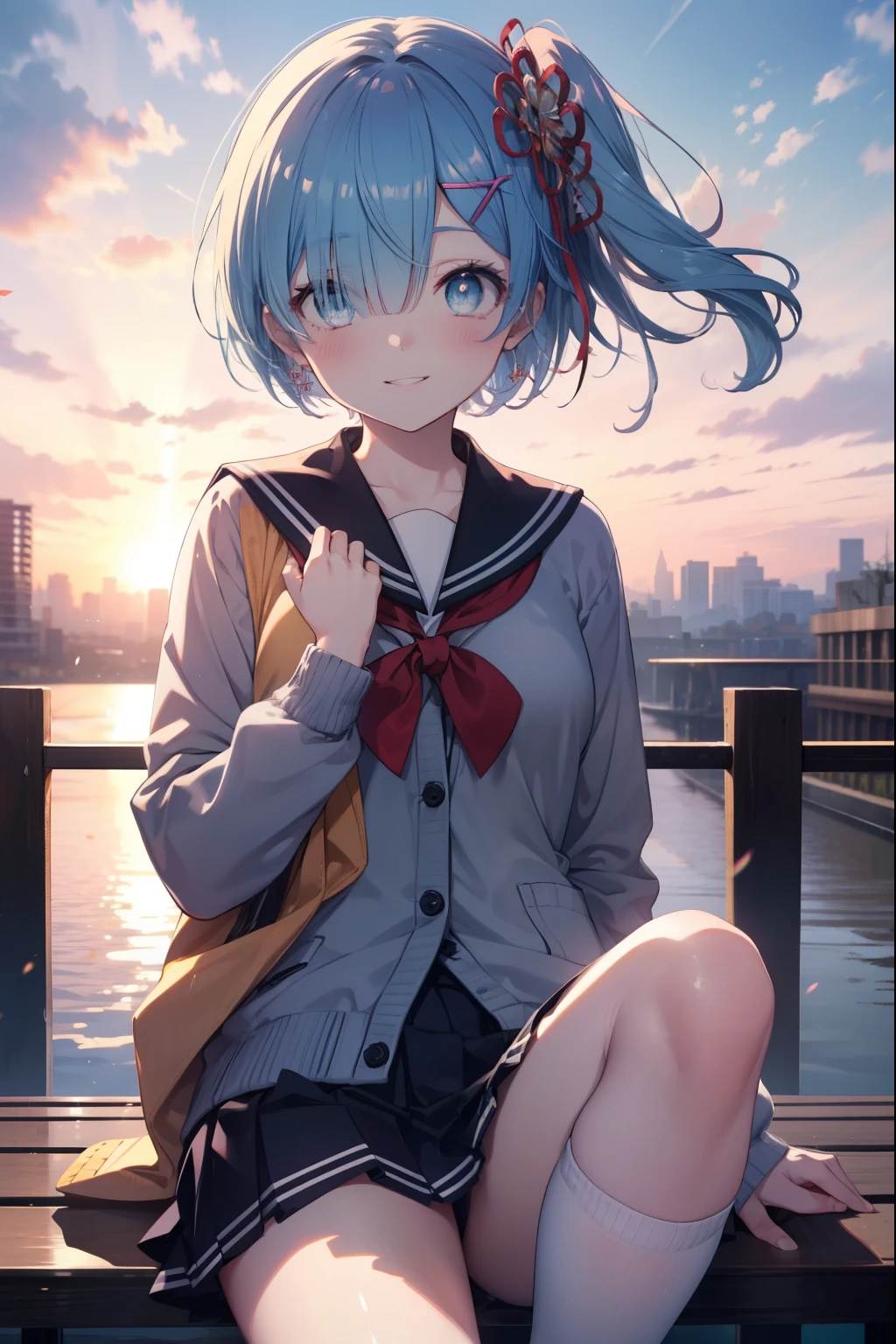 rezeroRem, Rem, blue eyes, blue hair, hair ornaments, hair above one eye, hair ribbon, long hair, x hair ornaments,side ponytail,blush,smile,japanese high school girl uniform(sailor summer clothes),blue summer cardigan,black pleated skirt,white knee socks,brown loafers,evening,sunset,下校中
break outdoors, In town,building street,
break looking at viewer,
break (masterpiece:1.2), highest quality, High resolution, unity 8k wallpaper, (figure:0.8), (detailed and beautiful eyes:1.6), extRemely detailed face, perfect lighting, extRemely detailed CG, (perfect hands, perfect anatomy),