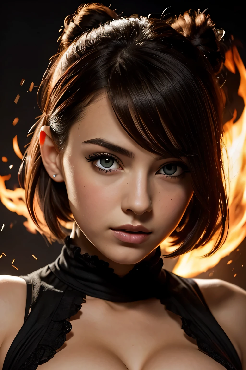 最high quality, 1 girl, (Dakotsky:1.0), black eye, pixie cut, (big breasts), cleavage、blush, ho､(((black background)))、masterpiece, 最high quality, high quality, High resolution､fiery, surrounded by flames, dota2 fire girl style, (((close up of face)))