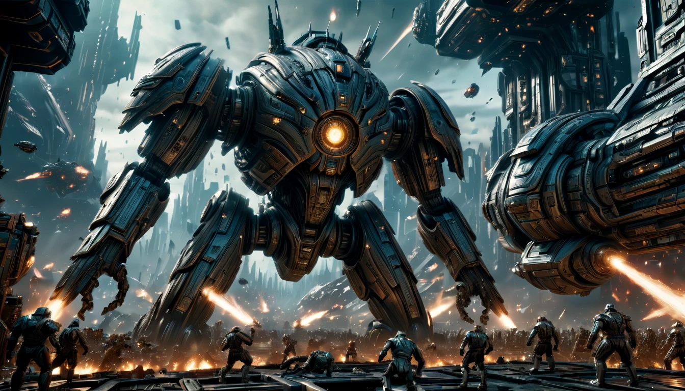 Action Science Fiction movie, battle scene, intricate details, ai-generated, aesthetic, 8k, Film Still, cities, Cinematic Lighting, drkfntasy, DonMASKTexXL, 16K, masterpiece, best quality