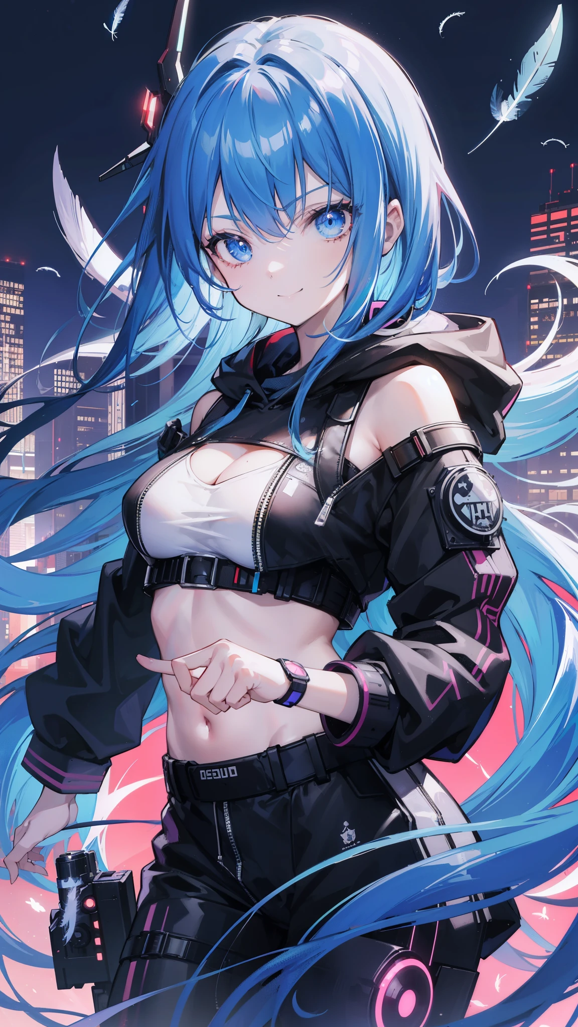 (masutepiece), Best Quality, 超A high resolution,, Cyberpunk 1 girl flies over stunning cityscapes ,Hoodie,Blue hair, neon color流れ星, Very long hair, off shoulders, feathers hair ornament, neon color, flashes, stunning night sky, Cinematic lighting, Photorealistic, Realistic skin, Fisheye, (32k), smile,