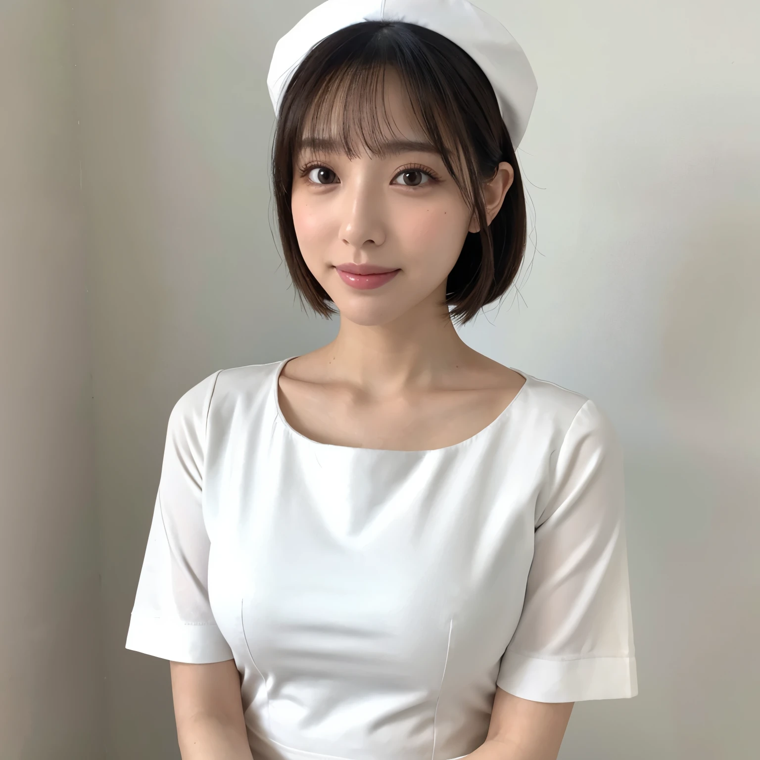 (highest quality、table top、8k、best image quality、Award-winning work)、1 beautiful nurse、(solo:1.3)、straight short hair、perfect bangs、(perfect and most natural nurse uniform:1.2)、(Perfect and most natural angular nurse cap:1.2)、(The most natural fan-shaped nurse cap:1.2)、(The simplest pure white background:1.5)、(Perfectly fixed to the front:1.3)、(very big breasts:1.1)、(emphasize body line:1.1)、(Perfect frontal and horizontal portrait of a woman with adequate white space:1.3)、(Depicting a woman perfectly horizontally and frontally:1.3)、beautiful and detailed eyes、look at me and smile、(Upright photo from the chest up:1.3)、(Please turn and look straight at me:1.3)、elegant makeup、Ultra high definition beauty face、ultra high definition hair、Super high-definition sparkling eyes、Super high resolution glossy lips、accurate anatomy、very beautiful skin、(Super high-definition sparkling pure white skin:1.2)、Graceful upright posture seen from the front、(very bright:1.3)