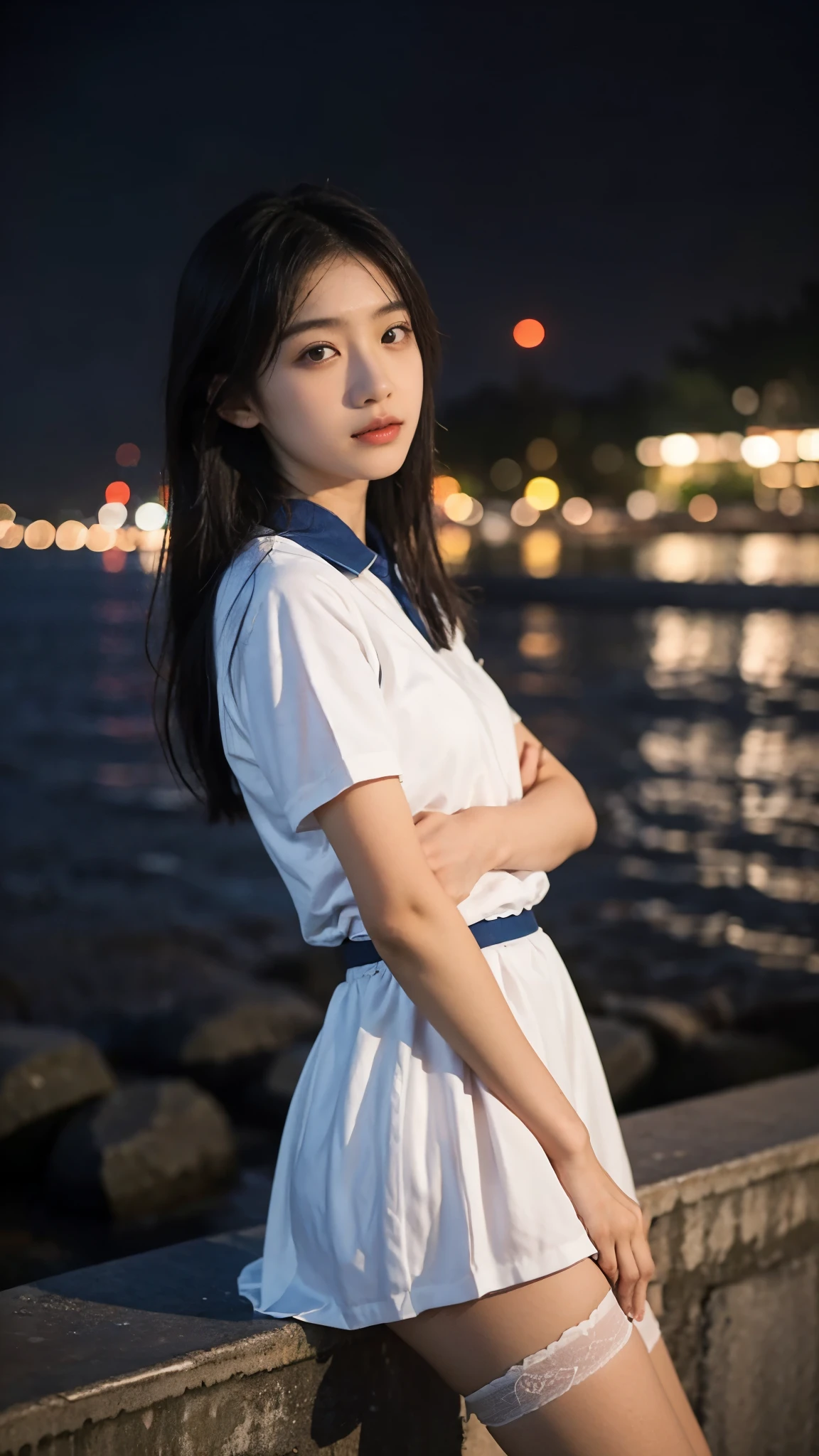 First-person perspective,A Chinese female high school student,seaside，night，white stockings
