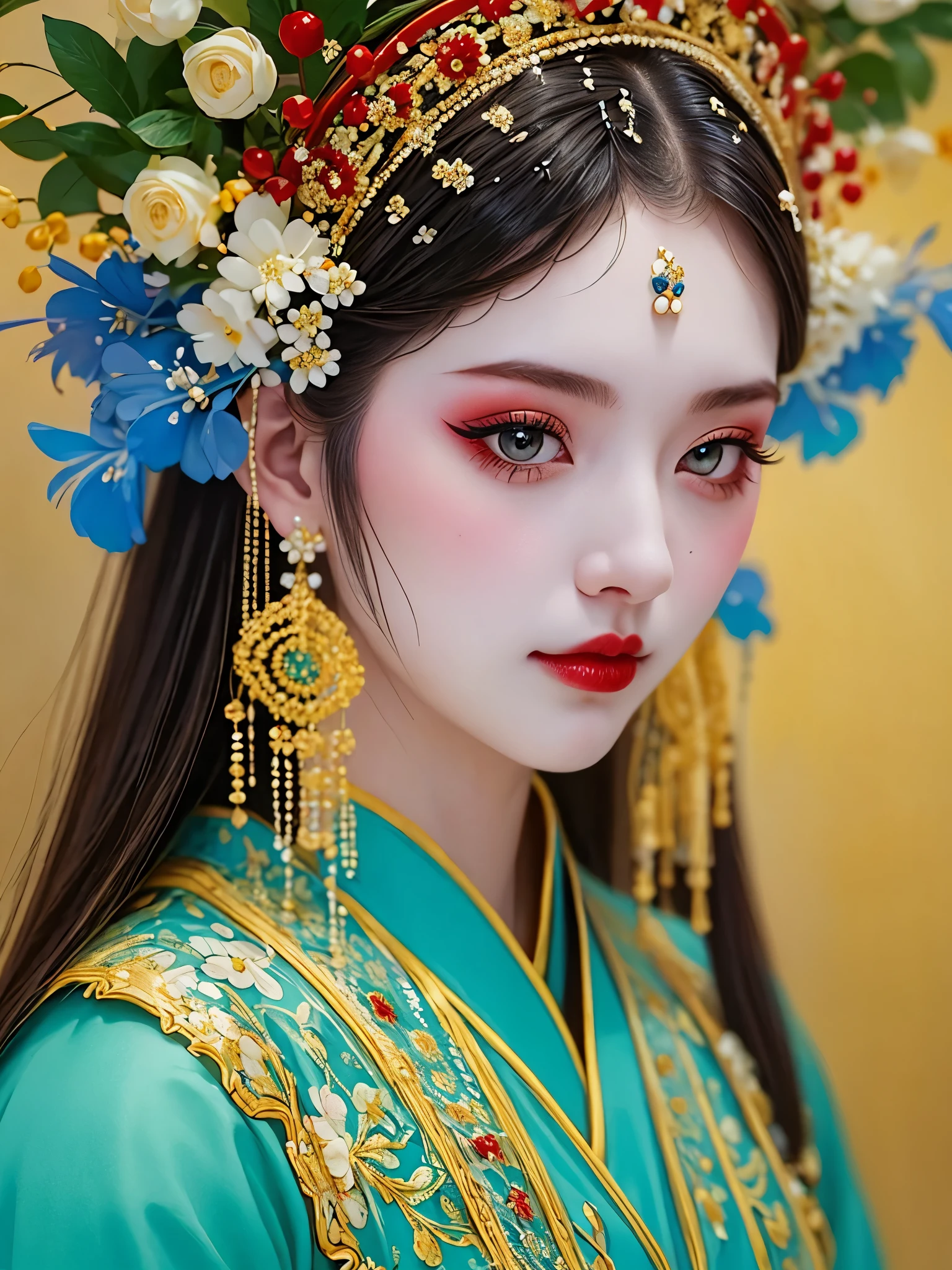 (masterpiece, best quality:1.2),1 girl,beautiful，portrait，look at camera，landscape on hair，A bouquet of flowers，landscape，Hanfu，Skin details， alone，Chinese Peking Opera，Gorgeous costumes，Exquisite headdress，flower headdress，tassel，pearl，clean background，blue，Red，green