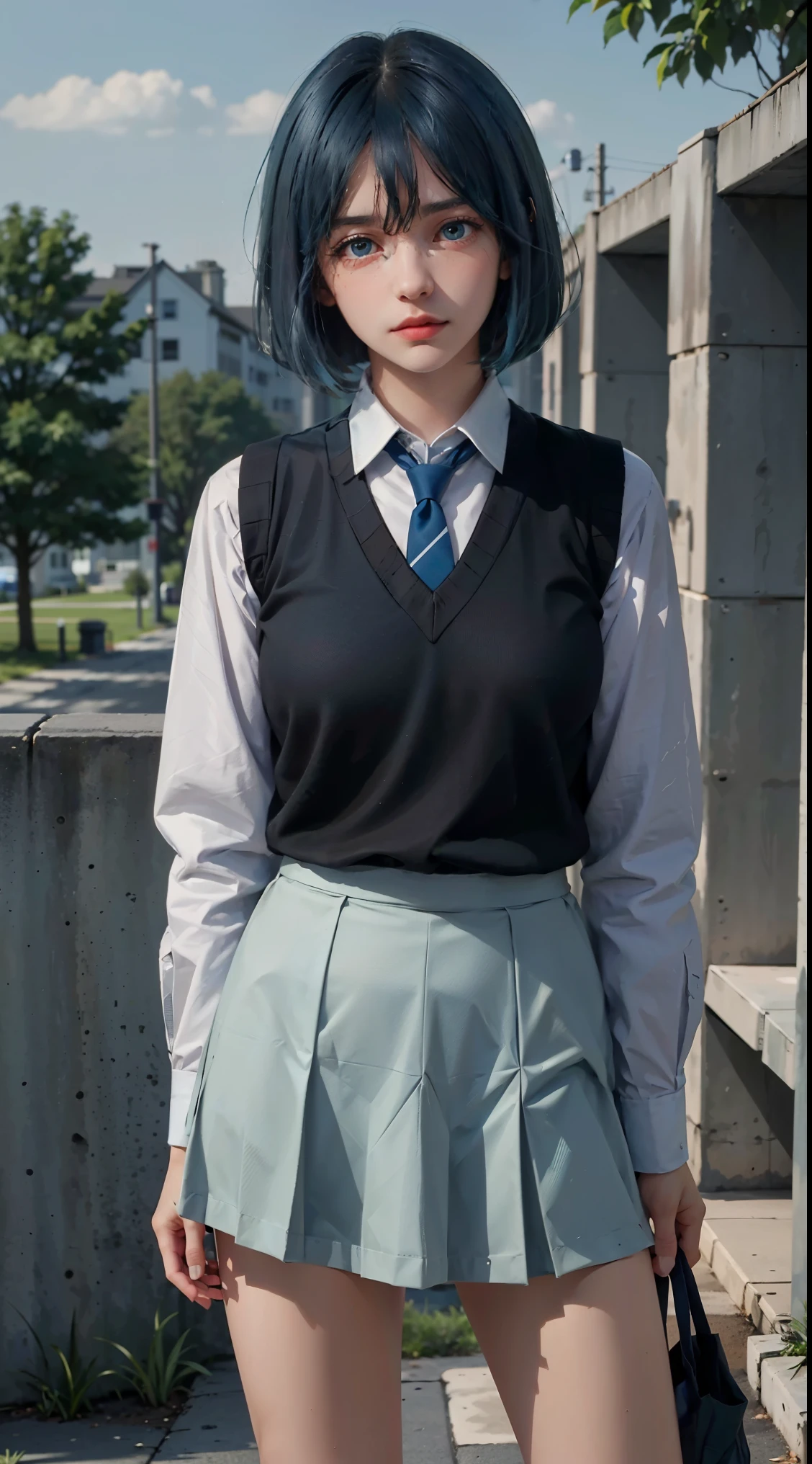 (Masterpiece: 1.3), Best Quality, Ultra High Resolution, 1girll, (big :1.3), (blue hair, green eyes, bangs, short hair) ((girl akanekurokawa )) pe rfect eyes, has an extremely sexy body, with full breasts and a thin waist, and an extremely sexy body, skirt, socks, sneakers, shoes, white footwear, black socks, pleated skirt, kneehighs, white shirt, blue necktie,  long sleeves, vest, collared shirt,  ,has a bold look. young, (quality, Ultra high Detail, realistic, cute expression), sad, calm, (in the park), (standing)