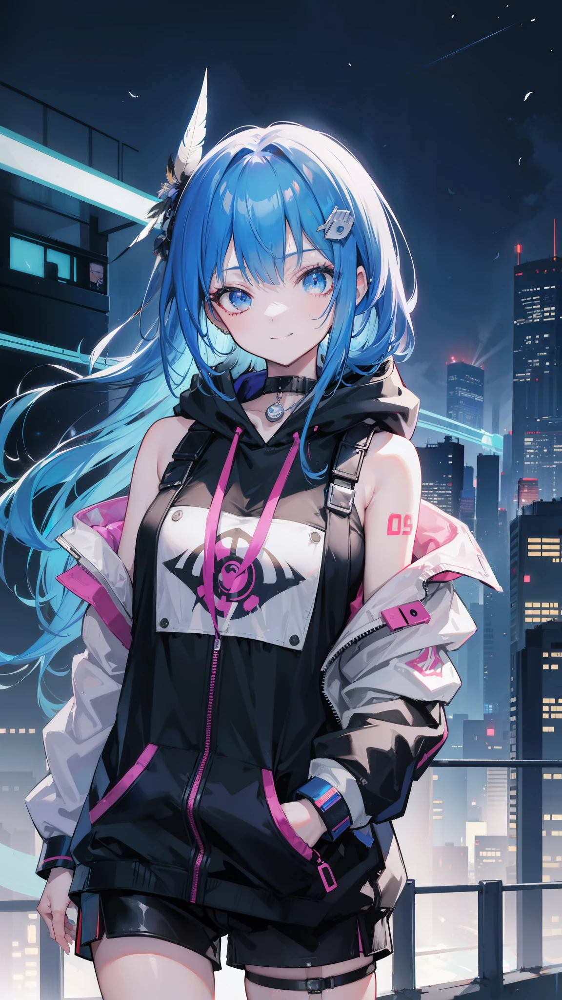 (masutepiece), Best Quality, 超A high resolution,, Cyberpunk 1 girl flies over stunning cityscapes ,Hoodie,Blue hair, neon color流れ星, Very long hair, off shoulders, feathers hair ornament, neon color, flashes, stunning night sky, Cinematic lighting, Photorealistic, Realistic skin, Fisheye, (32k), smile,
