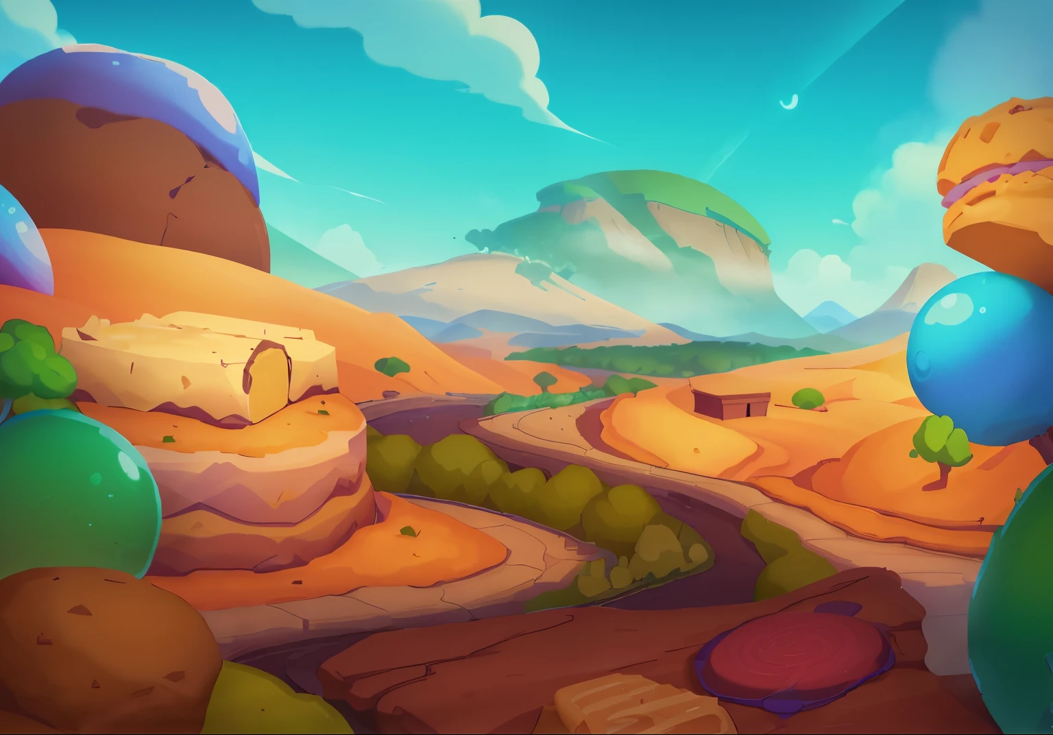 Cartoon illustration of desert with road and mountains, steak，pastry，biscuit，candy，chocolate，background art, mobile Game background, stylized game art, 2D game art background, canyon background, background artwork, Detailed game art, Game background, stylized shadow, mobile game art, videoGame background, 2d Game background, stylized concept art, huge landscape!, desert background