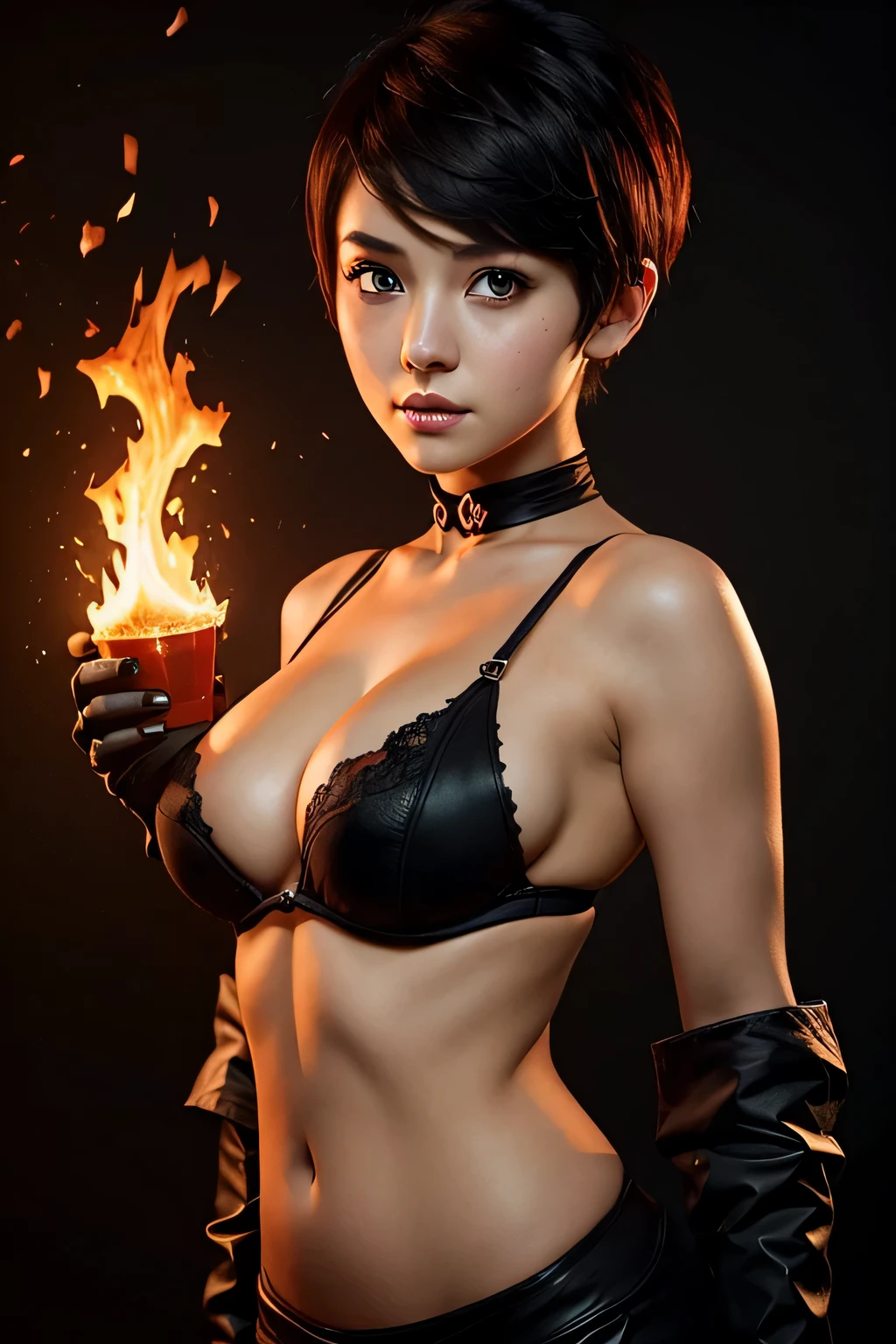 最high quality, 1 girl, (Dakotsky:1.0), black eye, pixie cut, (big breasts), cleavage、blush, ho､(((black background)))、masterpiece, 最high quality, high quality, High resolution､fiery, surrounded by flames, dota2 fire girl style,