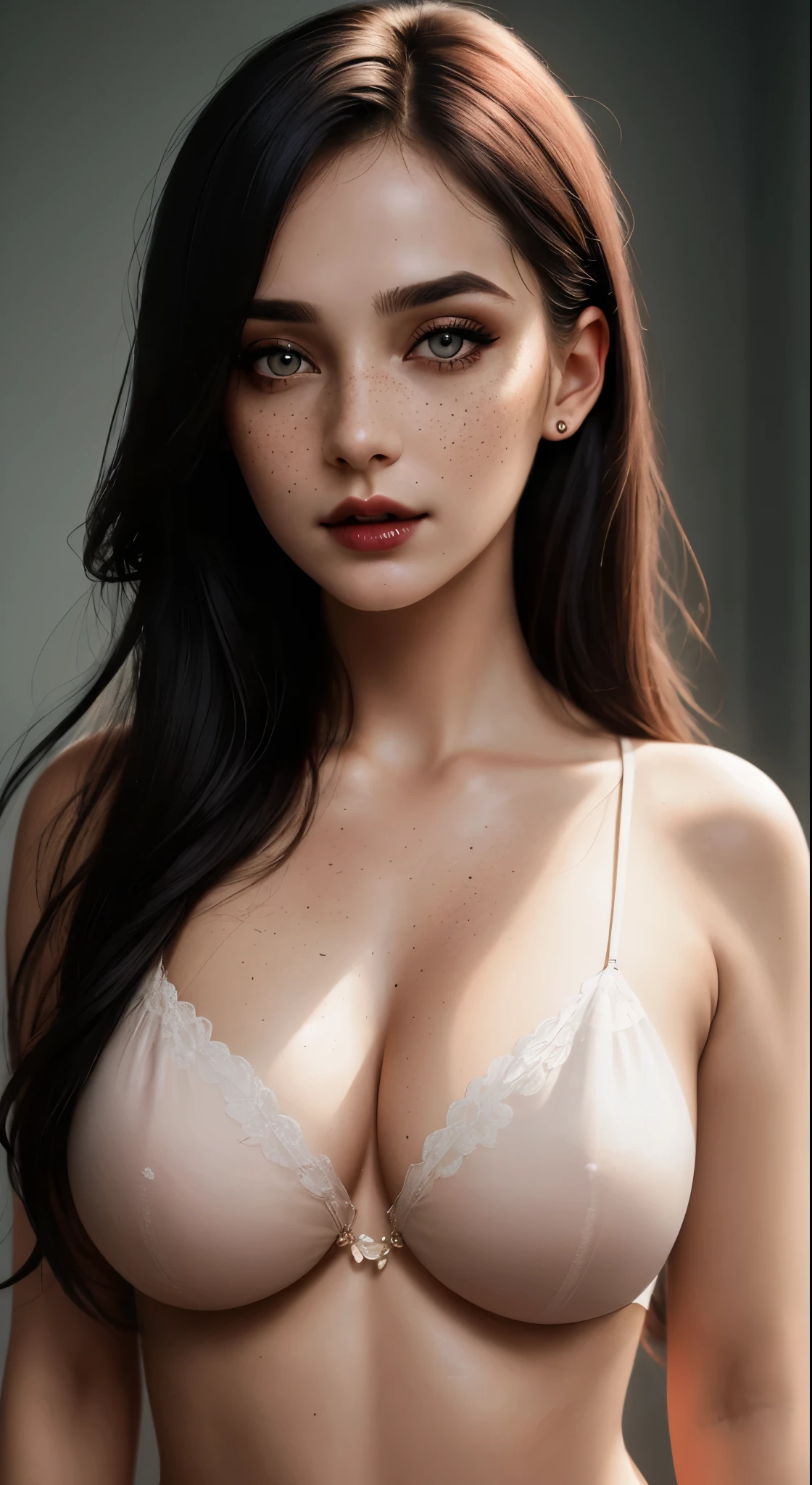 (best quality, hyperdetailed photography:1.2), beautiful lady, freckles, dark makeup, soft light, head and breast portrait, cover, (detailed beautiful face, detail skin texture, ultra-detailed body:1.1) sexy vampire girl, snoopy breast, perfect breast,