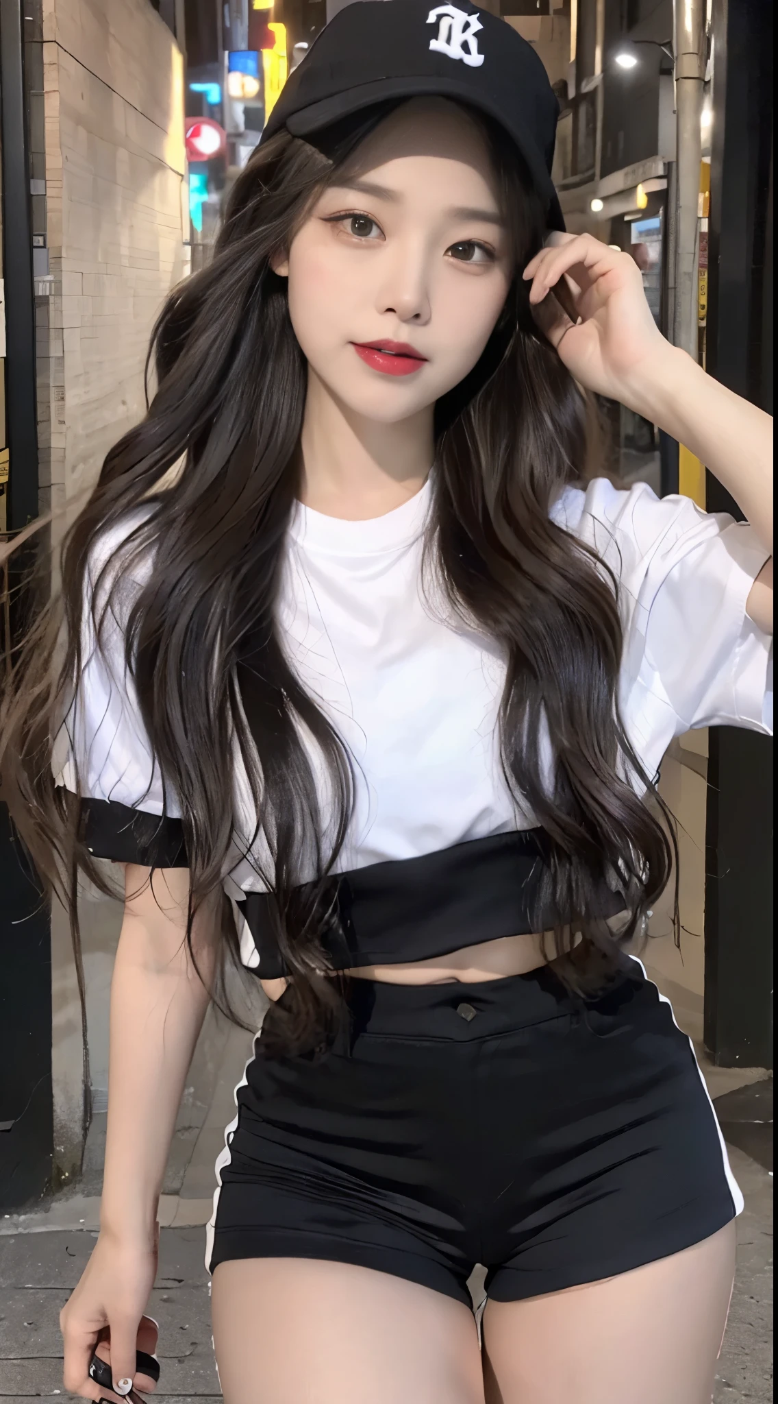 ((best quality, 8k, masterpiece: 1.3)), (baseball cap: 1.3), focus: 1.2, perfect body beautiful: 1.4, buttocks: 1.2, (Layered hairstyle: 1.2), (dark street: 1.3), Highly detailed facial and skin textures, whole body, beautiful eyes, double eyelids, skin whitening, long hair, (round face: 1.5), (short sleeves, shorts: 1.6). Smile