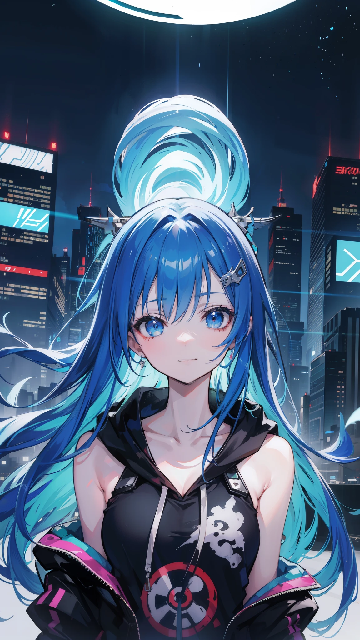 (masutepiece), Best Quality, 超A high resolution,, Cyberpunk 1 girl flies over stunning cityscapes ,Hoodie,Blue hair, neon color流れ星, Very long hair, off shoulders, feathers hair ornament, neon color, flashes, stunning night sky, Cinematic lighting, Photorealistic, Realistic skin, Fisheye, (32k), smile,