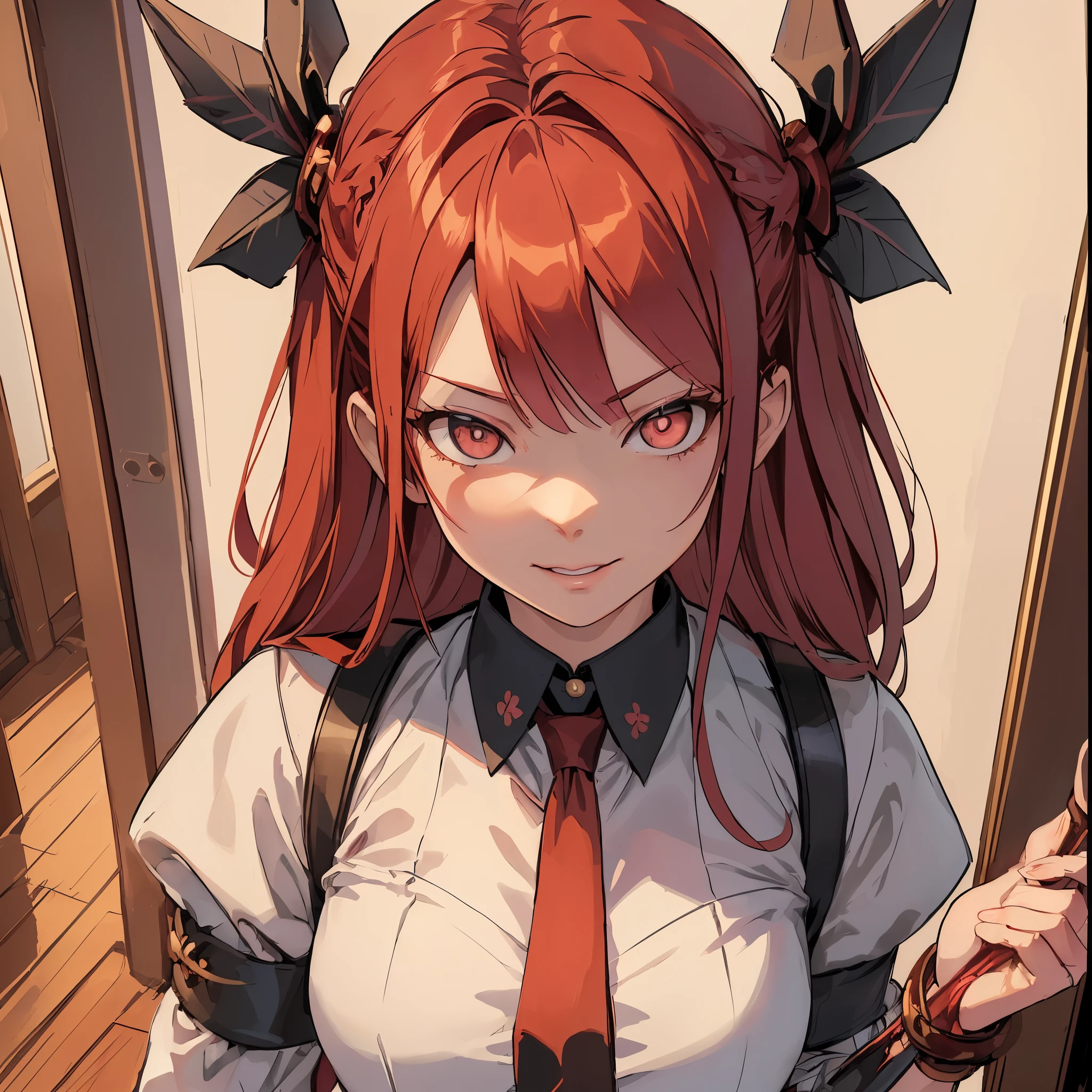 (red-haired, tie-wearing, knife-wielding) anime girl, (detailed anime character art, digital anime art), (makeup, Kimori Gimore), (Ayaka, Genshin Impact), (from Arknights), (Kitagawa Marin, doujinshi art), (detailed portrait of an anime girl), (a cute girl's anime visual), (detailed digital anime art), (courtesan art of Kusakatsukurents), (clean and delicate anime art), (official character artwork). 

(best quality, 4k, 8k, highres, masterpiece:1.2), ultra-detailed, (realistic, photorealistic, photo-realistic:1.37), HDR, UHD, studio lighting, ultra-fine painting, sharp focus, physically-based rendering, extreme detail description, professional, vivid colors, bokeh. 

(artistic, anime style, character design, manga style), (bright and vibrant colors), (soft and pastel color tones), (dynamic lighting, backlighting), (glowing effects), (painterly and textured style), (detailed hair and clothing), (expressive eyes and lips), (captivating facial expression), (elegant pose and gesture).