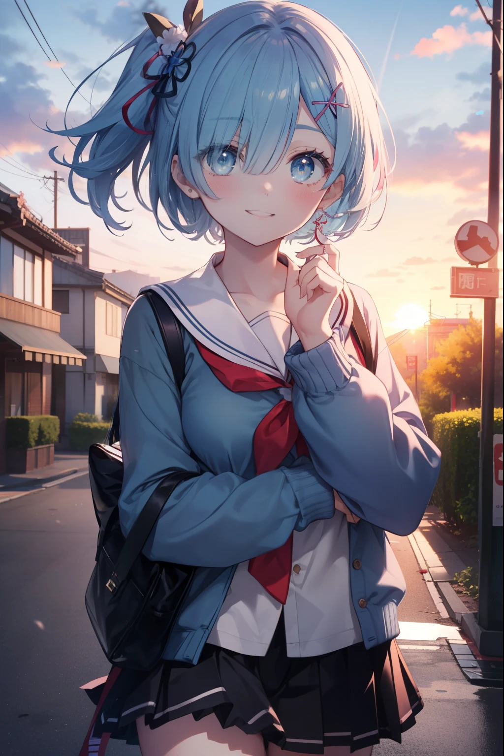 rezeroRem, Rem, blue eyes, blue hair, hair ornaments, hair above one eye, hair ribbon, long hair, x hair ornaments,side ponytail,blush,smile,japanese high school girl uniform(sailor summer clothes),blue summer cardigan,black pleated skirt,white knee socks,brown loafers,evening,sunset,下校中
break outdoors, In town,building street,
break looking at viewer,
break (masterpiece:1.2), highest quality, High resolution, unity 8k wallpaper, (figure:0.8), (detailed and beautiful eyes:1.6), extRemely detailed face, perfect lighting, extRemely detailed CG, (perfect hands, perfect anatomy),