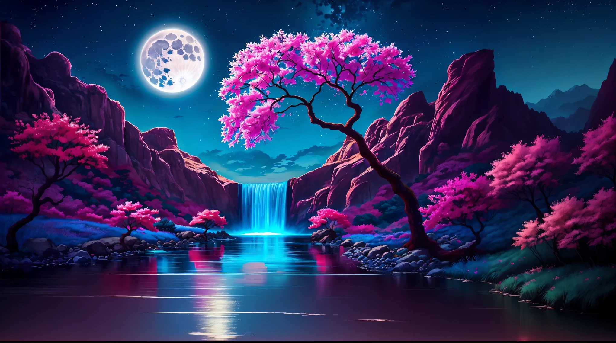 une peinture d'une cascade et d'arbres dans un paysage de montagne, paysage magique, cascades roses, Cherry blossom forest, Lune rose, neon landscape, Beau clair de lune night, couleurs et ambiance magiques, Dream landscape art, lueur de la lune, Beau clair de lune, detailed dreamscape, couleurs et ambiance magiques, paysage naturel nocturne, paysage lunaire, Surreal colors, nuit de rêve, magnifique fond
