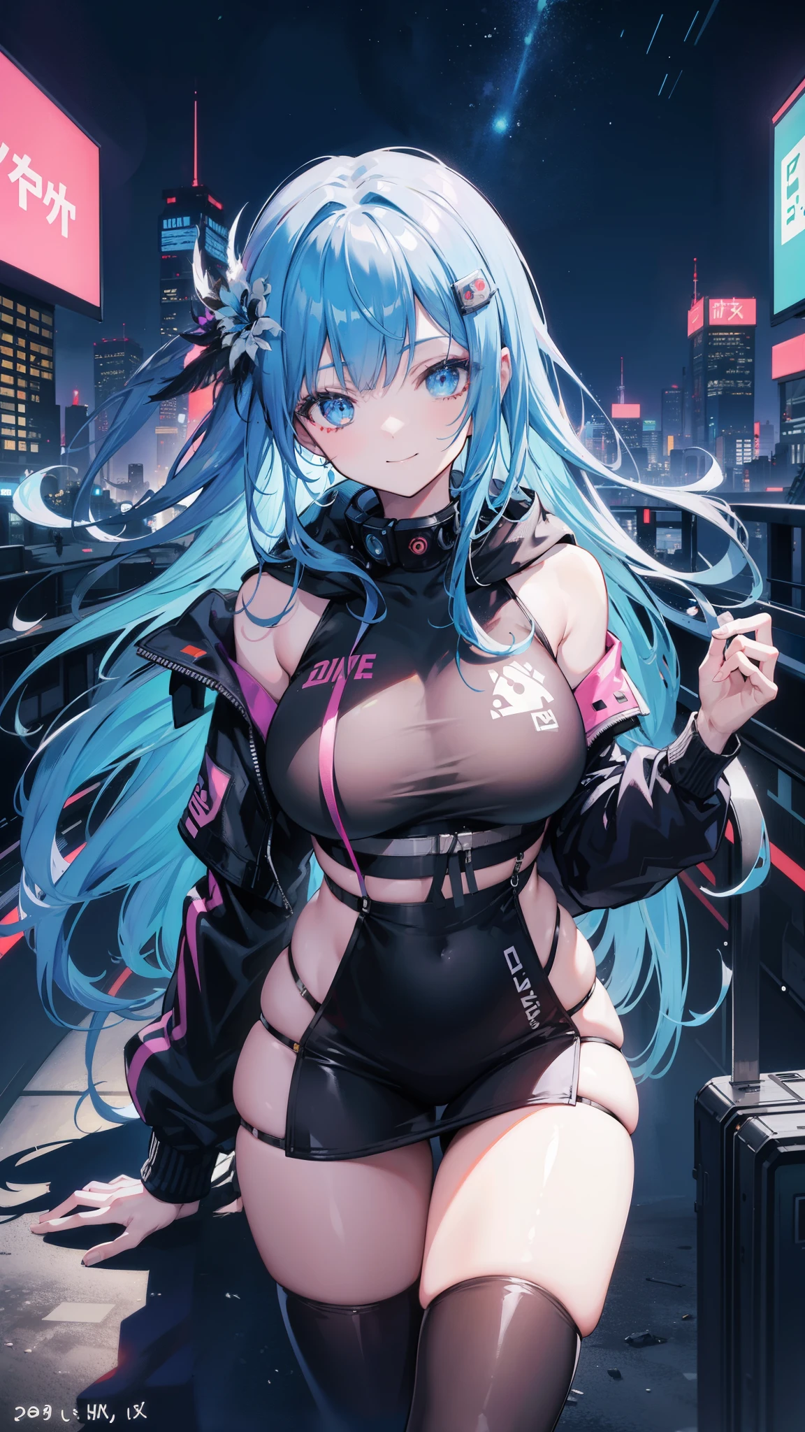 (masutepiece), Best Quality, 超A high resolution,, Cyberpunk 1 girl flies over stunning cityscapes ,Hoodie,Blue hair, neon color流れ星, Very long hair, off shoulders, feathers hair ornament, neon color, flashes, stunning night sky, Cinematic lighting, Photorealistic, Realistic skin, Fisheye, (32k), smile,