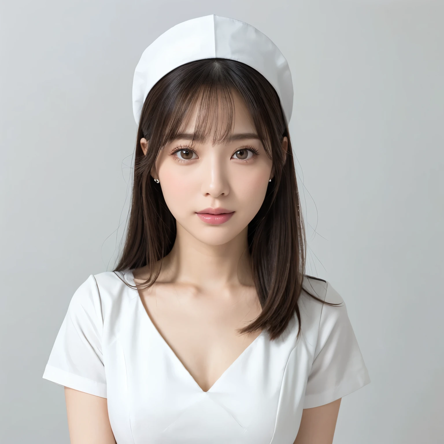 (highest quality、table top、8k、best image quality、Award-winning work)、1 beautiful nurse、(solo:1.3)、straight medium hair、perfect bangs、(perfect and most natural nurse uniform:1.2)、(Perfect and most natural angular nurse cap:1.2)、(The most natural fan-shaped nurse cap:1.3)、(The simplest pure white background:1.5)、(Perfectly fixed to the front:1.3)、(very big breasts:1.1)、(emphasize body line:1.1)、(Perfect frontal and horizontal portrait of a woman with adequate white space:1.3)、(Depicting a woman perfectly horizontally and frontally:1.3)、beautiful and detailed eyes、look at me and smile、(Upright photo from the chest up:1.3)、(Please turn and look straight at me:1.3)、elegant makeup、Ultra high definition beauty face、ultra high definition hair、Super high-definition sparkling eyes、Super high resolution glossy lips、accurate anatomy、very beautiful skin、(Super high-definition sparkling pure white skin:1.2)、Graceful upright posture seen from the front、(very bright:1.3)