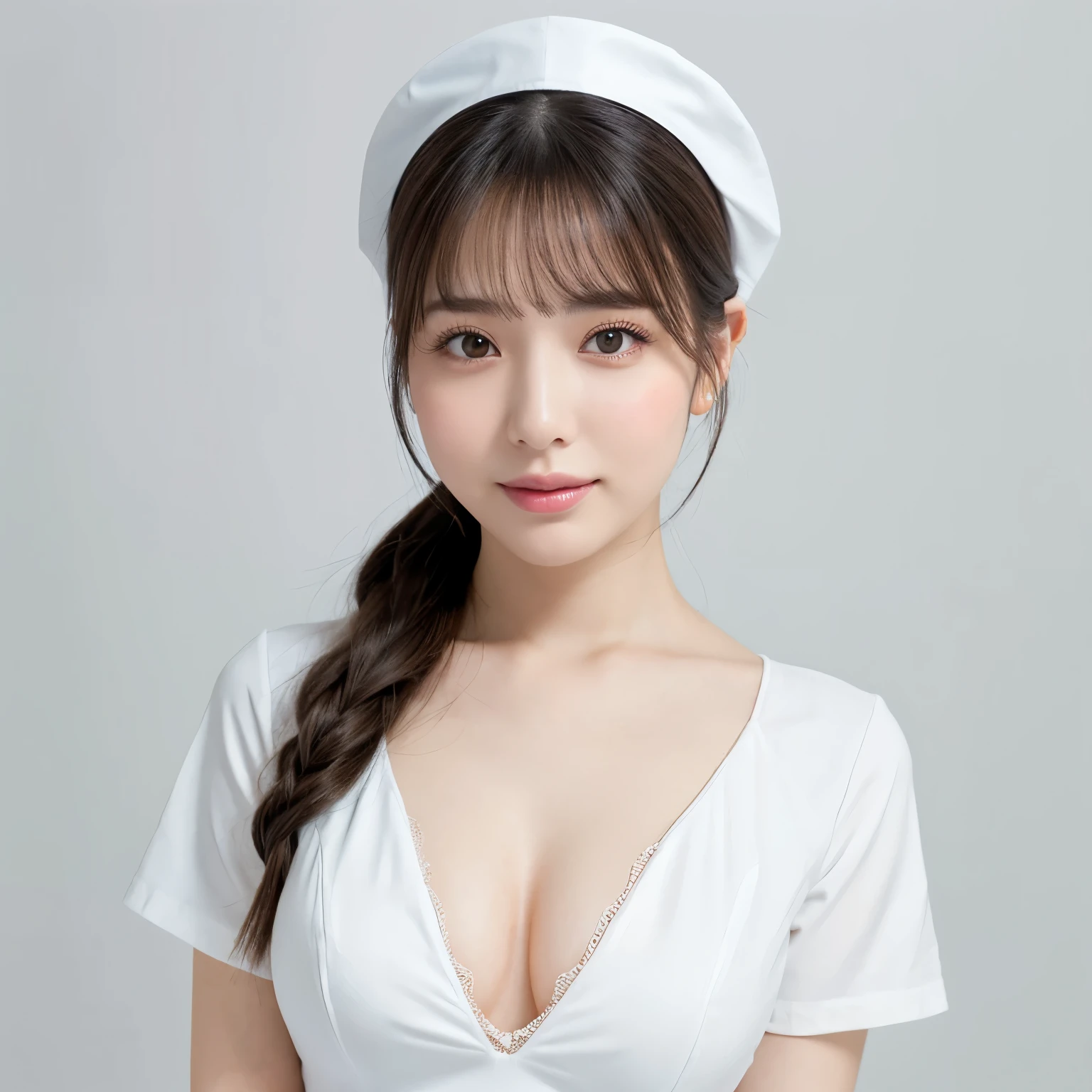 (highest quality、table top、8k、best image quality、Award-winning work)、1 beautiful nurse、(solo:1.3)、straight medium hair、perfect bangs、(perfect and most natural nurse uniform:1.2)、(Perfect and most natural angular nurse cap:1.2)、(The most natural fan-shaped nurse cap:1.3)、(The simplest pure white background:1.5)、(Perfectly fixed to the front:1.3)、(very big breasts:1.3)、(emphasize body line:1.3)、(Perfect frontal and horizontal portrait of a woman with adequate white space:1.3)、(Depicting a woman perfectly horizontally and frontally:1.3)、beautiful and detailed eyes、look at me and smile、(Upright photo from the chest up:1.3)、(Please turn and look straight at me:1.3)、elegant makeup、Ultra high definition beauty face、ultra high definition hair、Super high-definition sparkling eyes、Super high resolution glossy lips、accurate anatomy、very beautiful skin、(Super high-definition sparkling pure white skin:1.2)、Graceful upright posture seen from the front、(very bright:1.3)