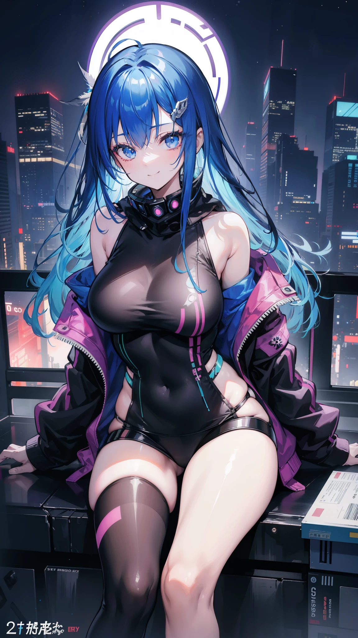(masutepiece), Best Quality, 超A high resolution,, Cyberpunk 1 girl flies over stunning cityscapes ,Hoodie,Blue hair, neon color流れ星, Very long hair, off shoulders, feathers hair ornament, neon color, flashes, stunning night sky, Cinematic lighting, Photorealistic, Realistic skin, Fisheye, (32k), smile,