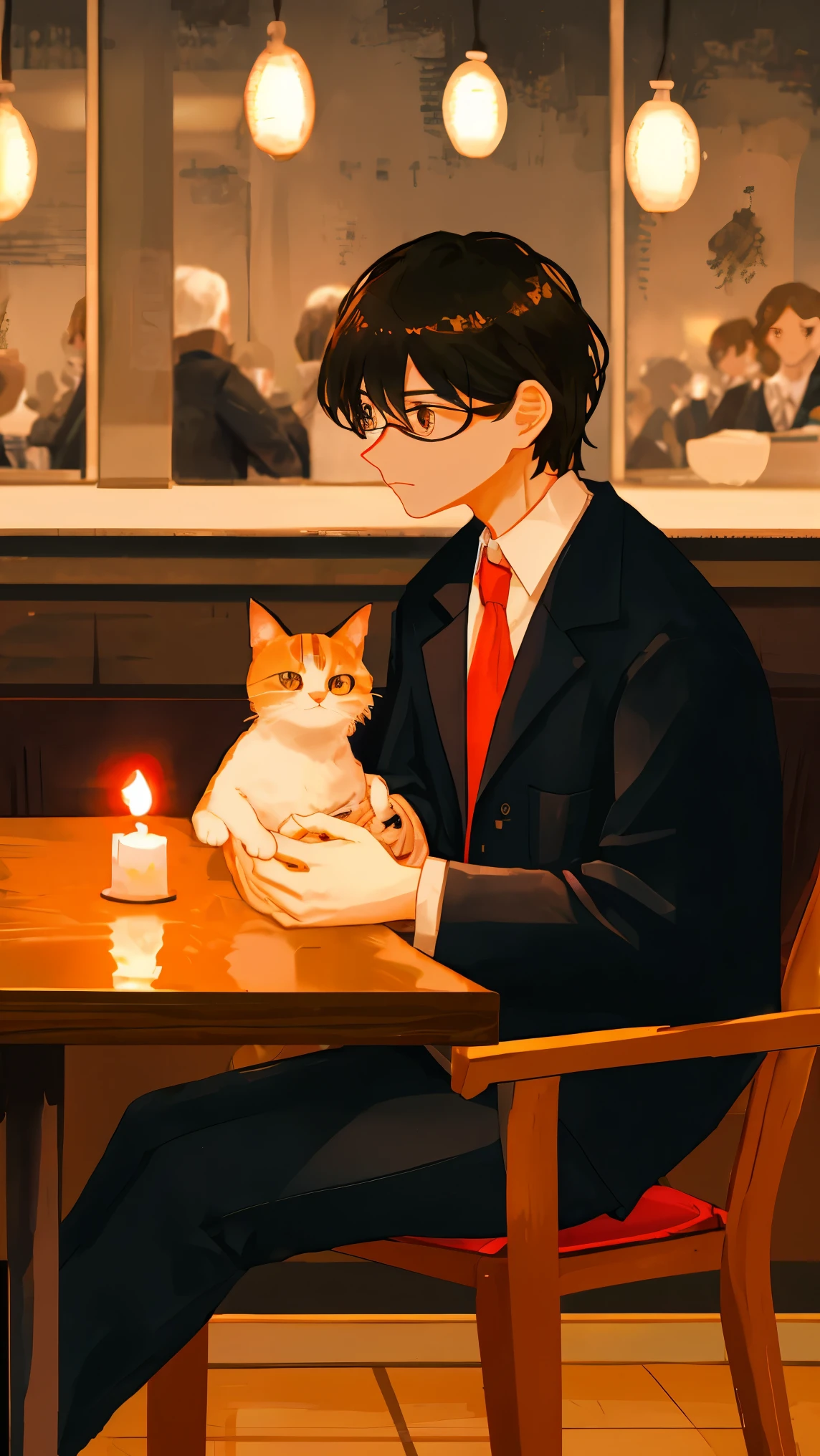 A doctor sitting at the dining table，There is a calico cat in front of him，candlelight dinner