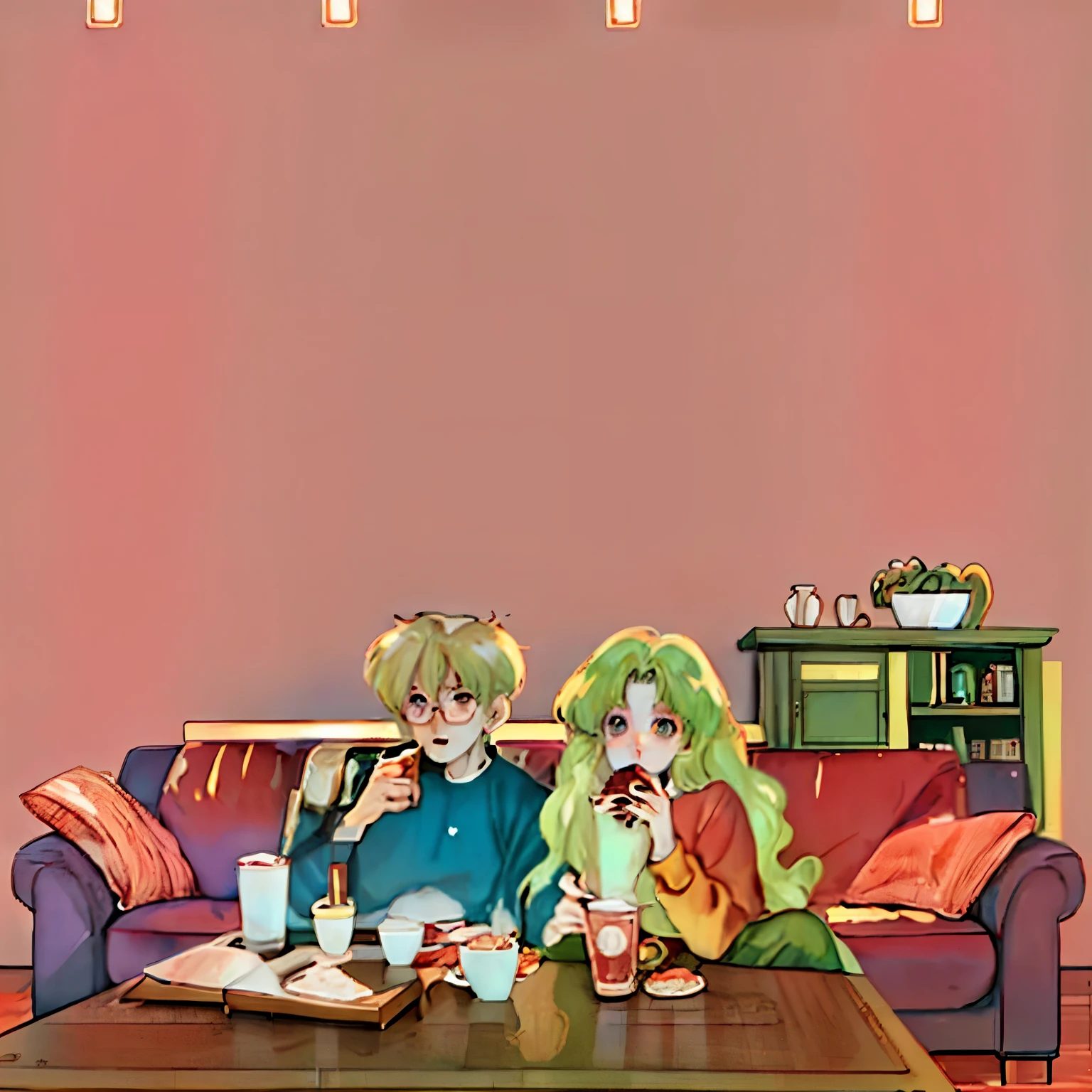 Anime couple eating on the sofa in the living room, High quality fan art, cozy wallpaper, cozy cafe background, 4k comic wallpaper, 1980s anime art style, Official fan art, eat snack, anime wallpaper, Detailed fanart, Lovely art style, Warm home background，anime style