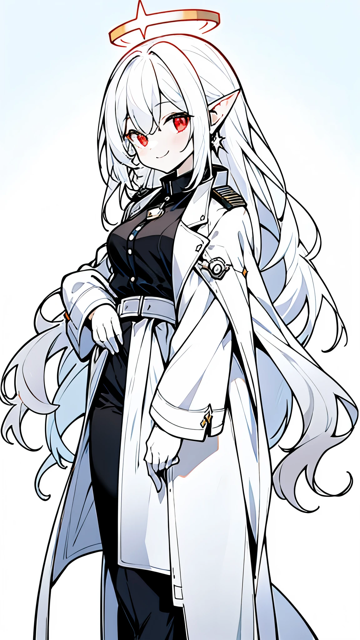 ((masterpiece:1.4,best quality))+,(Ultra-detailed)+,(super detailed eyes)+,(pointed ears:1.5),halo
(cute girls),,(Red eyes:1.15)Light blue gradient green super long hair,Thick hair(Variza:1.2),Pale complexion,Smile,
(She is wearing a pure white trench coat,golden pattern:1.5),(black leather pants:1.4)The sleeves are very long,black sunglasses,black quartz,Menghua,halo,Bailongjiao,halo,
(dragon tail:1.1),
(Dawn light:1.2),
(Thick black and white:1.16),(depth of field:1.4),intricate details,