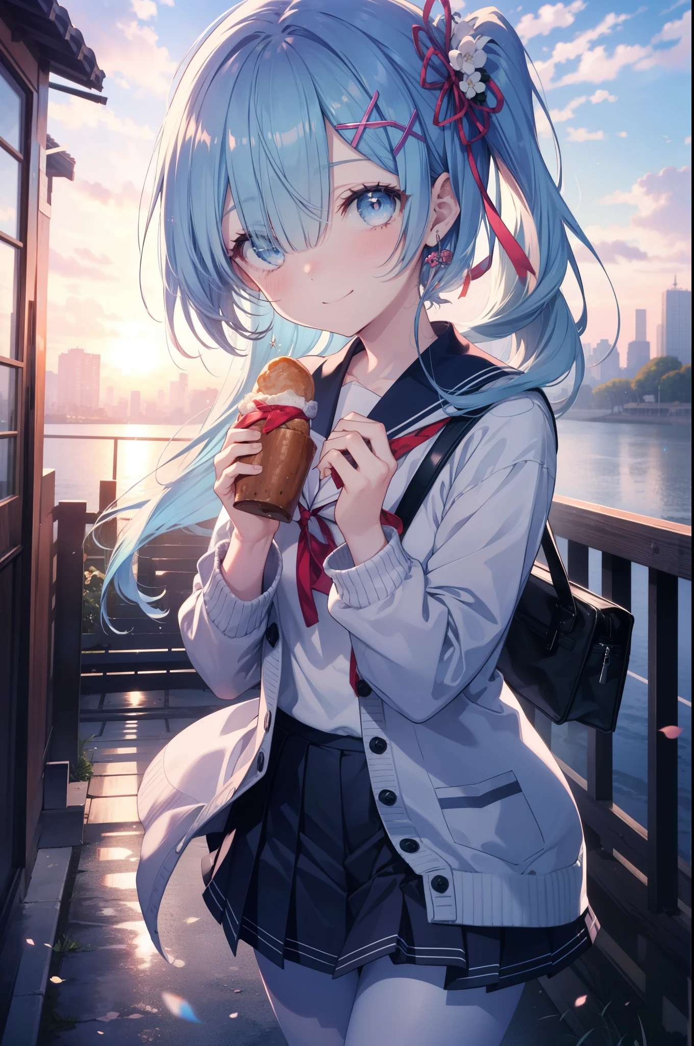 Khaki blazer Khaki tight skirt The shirt long blue hair poneyTail Blue eyes Eating crepes in the city teens girl red necktie