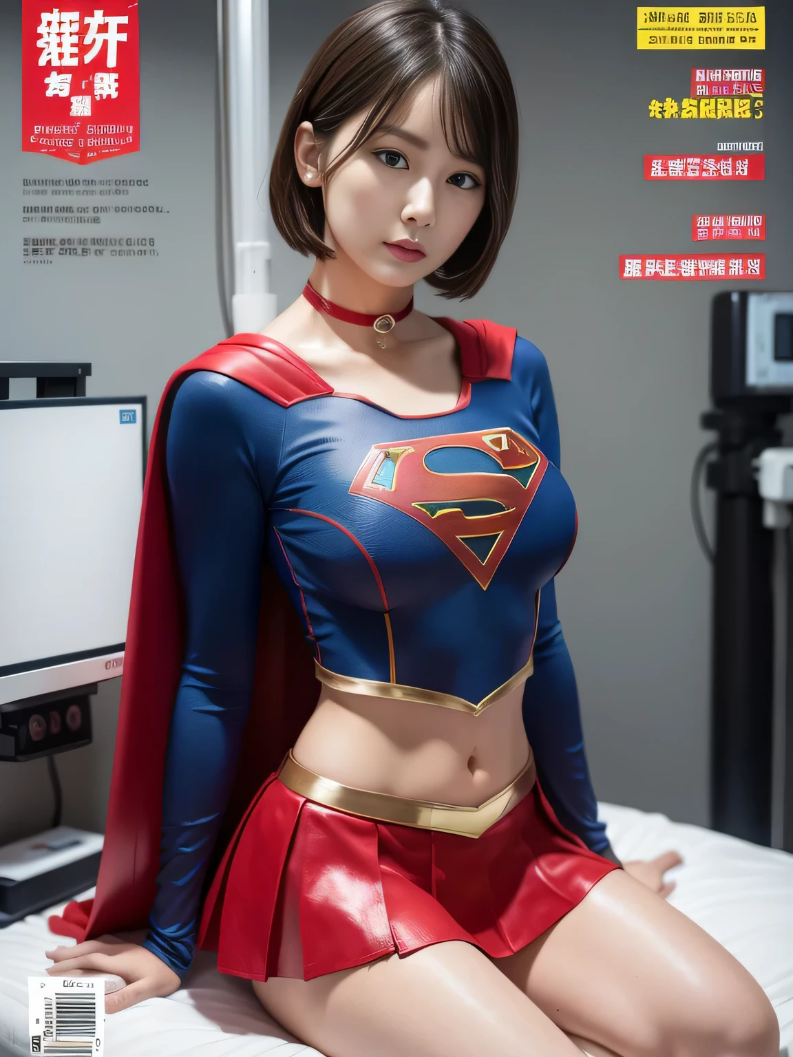 masterpiece,supergirl costume, short hair, barefoot, big and full breasts,operating room、operating table、straddle、damaged、shiny、look at the camera、provocation、Estrus、choker、Weekly magazine cover、long sleeve、red mini skirt、obscene pose、Seduce