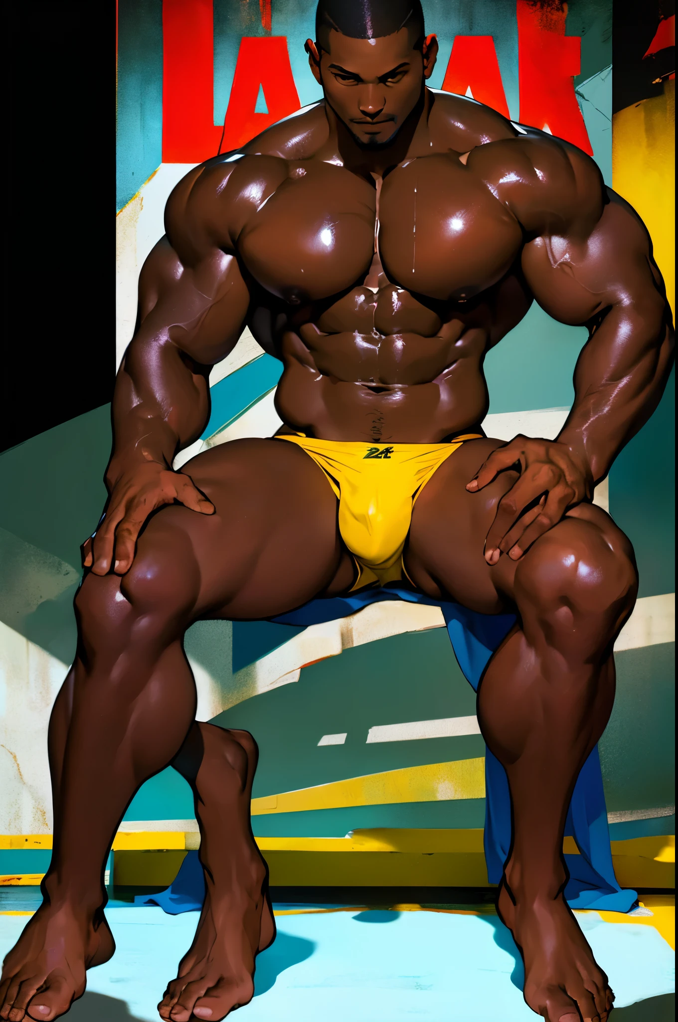 (dark-skinned,deep black skin,barefoot,muscular,athletic,full-body shot,NSFW cover),oil painting,exquisite details,vibrant colors,white speedo