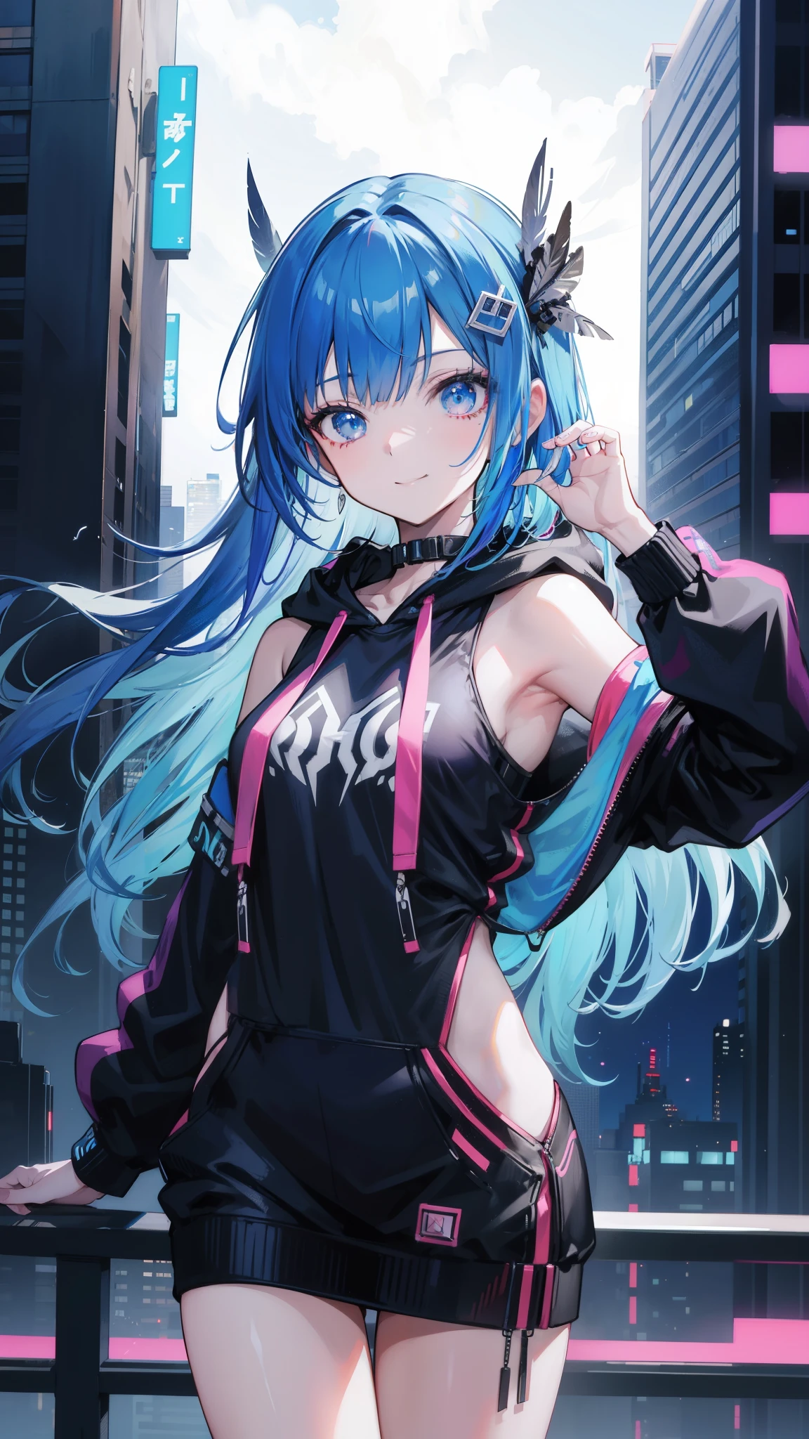 (masutepiece), Best Quality, 超A high resolution,, Cyberpunk 1 girl flies over stunning cityscapes ,Hoodie,Blue hair, neon color流れ星, Very long hair, off shoulders, feathers hair ornament, neon color, flashes, stunning night sky, Cinematic lighting, Photorealistic, Realistic skin, Fisheye, (32k), smile,