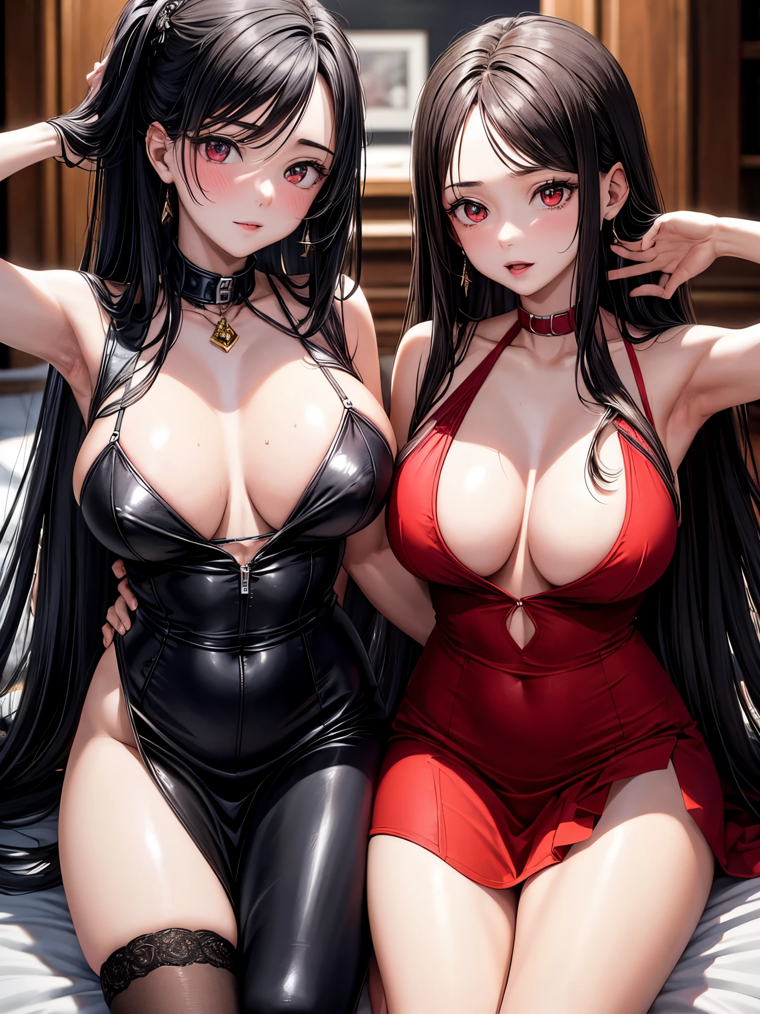 1girl and 1boy, couple, in love, beautiful, vampire goddess, handsome man, girl with brunette very long hair, man with brunette short hair, red eyes, girl wearing a sexy red and black dress, man in sexy suit, ultrasharp, ((best quality)), ((masterpiece)), (detailed), perfect face, girl big breast, sexy body, sexy man,