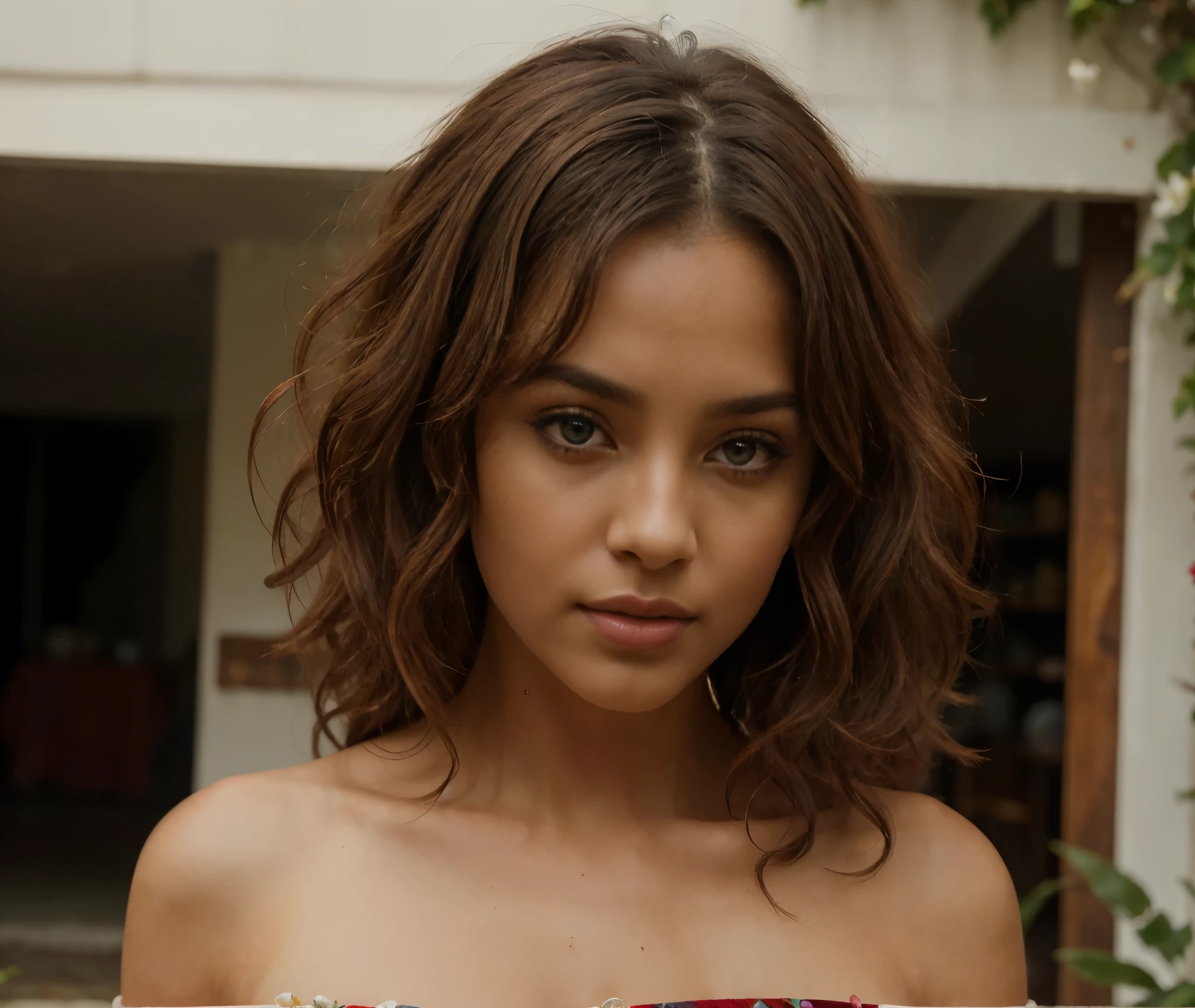(highres, realistic, beautiful woman:1.2), (dark skinned:1.1), (curly black hair:1.1), (intense eyes, full lips), (vibrant colors), (soft and glowing skin), (fierce and confident expression), (natural sunlight), (lush garden background), (dressed in elegant attire), (striking red dress), (sparkling jewelry), (subtle makeup), (graceful posture), (standing tall), (floral headpiece), (gentle breeze), (delicate flowers), (wispy curls), (captivating presence), (alluring aura), (ethereal beauty), (subtle rainbow), (sublime atmosphere), (eye-catching details), (dramatic shadows), (meticulous brushstrokes), (impeccable attention to detail), (exquisite composition), (timeless elegance), (stunning portrait), (evokes emotions), (mesmerizing artwork), (exceptional masterpiece), (artistic interpretation), (imagination unleashed), (attention-grabbing), (inspiring and captivating), (visual poetry), (unforgettable image).