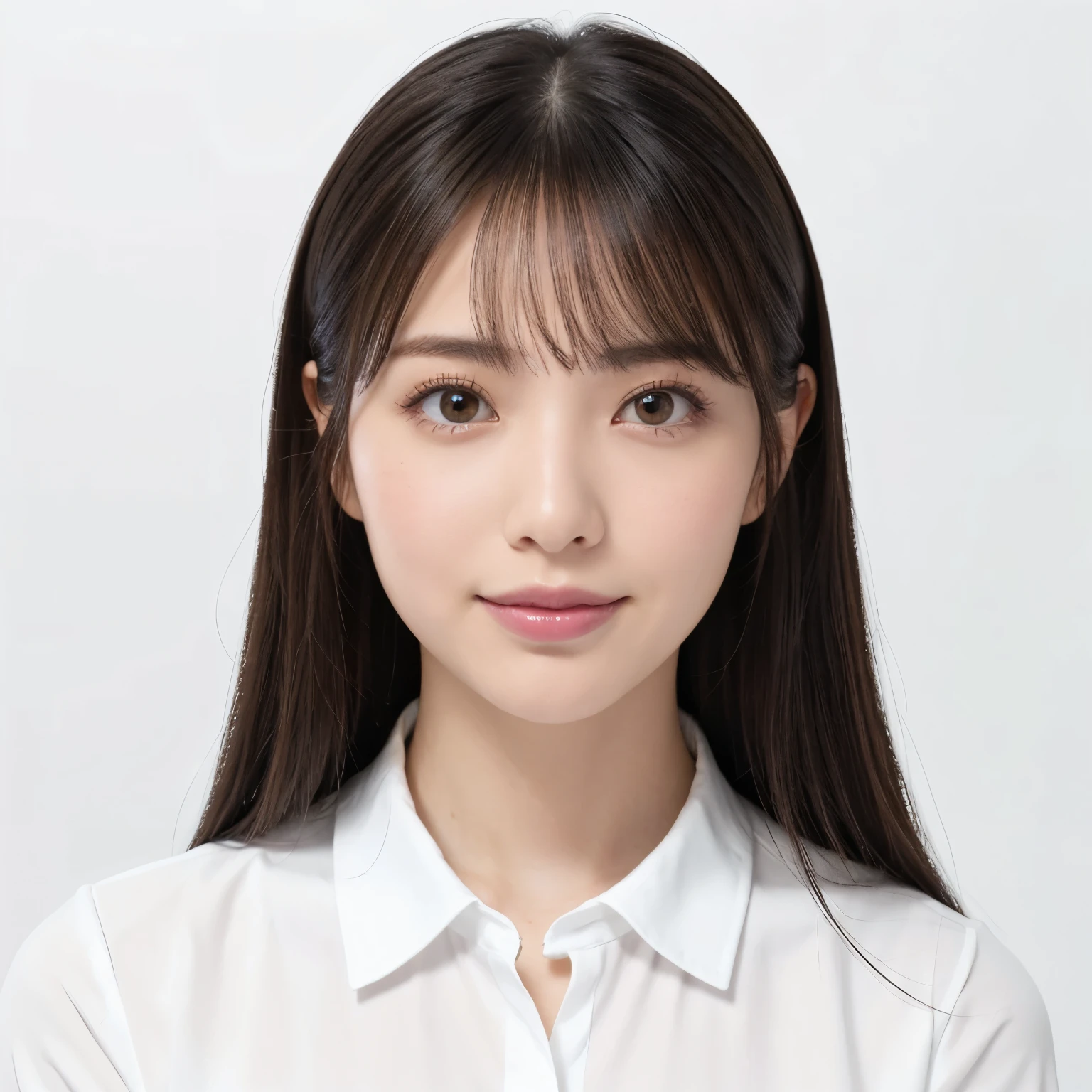 (highest quality、table top、8k、best image quality、Award-winning work)、one cute high school girl、(solo:1.15)、straight medium hair、perfect bangs、(Perfect short sleeve polyester shirt:1.1)、(uniform ribbon on chest:1.2)、(The simplest pure white background:1.5)、(Perfectly fixed to the front:1.3)、(very big breasts:1.4)、(emphasize body line:1.4)、close up of face、(Perfect frontal and horizontal portrait of a woman with adequate white space:1.3)、(Depicting a woman perfectly horizontally and frontally:1.3)、beautiful and detailed eyes、look at me and smile、(Upright photo from the chest up:1.3)、(Please turn and look straight at me:1.3)、elegant makeup、Ultra high definition beauty face、ultra high definition hair、Super high-definition sparkling eyes、Super high resolution glossy lips、accurate anatomy、very beautiful skin、(Super high-definition sparkling pure white skin:1.2)、Graceful upright posture seen from the front、(very bright:1.3)