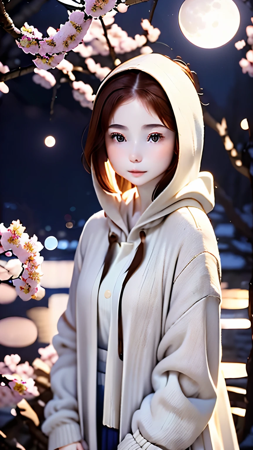 RAW photo、real、Realistic highest quality、High resolution、Super detailed、master piece、one girl、１６talent、anatomy、(((night time、Pale Moon、Pale moonlight)))、cute、plump lips、small breasts、small breasts、short bob、brown hair、old clothes、Natural color poncho style hoodie、random pose、Yoshino cherry tree、beautiful cherry blossoms、RAW photo、cinematic lighting、professional photographer