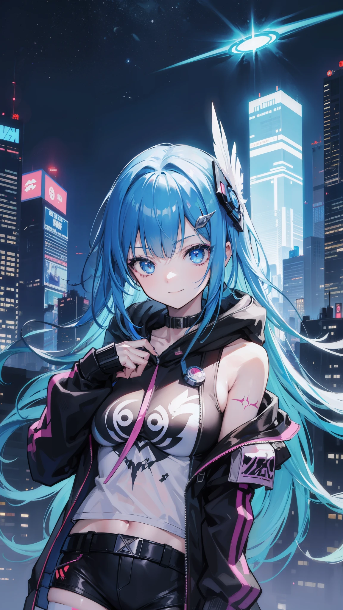 (masutepiece), Best Quality, 超A high resolution,, Cyberpunk 1 girl flies over stunning cityscapes ,Hoodie,Blue hair, neon color流れ星, Very long hair, off shoulders, feathers hair ornament, neon color, flashes, stunning night sky, Cinematic lighting, Photorealistic, Realistic skin, Fisheye, (32k), smile,