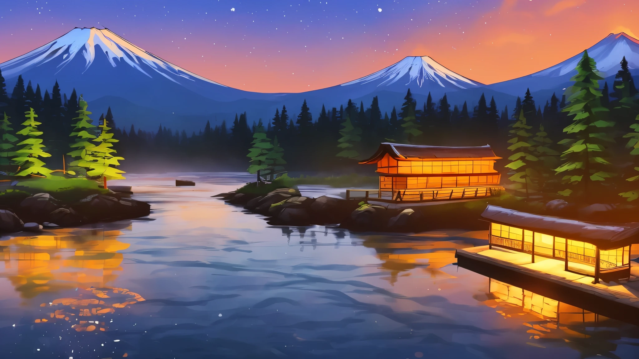 A beautiful digital artwork of a beautiful peaceful night in the syle of life is strange, night forest a small cabin, a river, Japanese atmosphere,  mount fuji