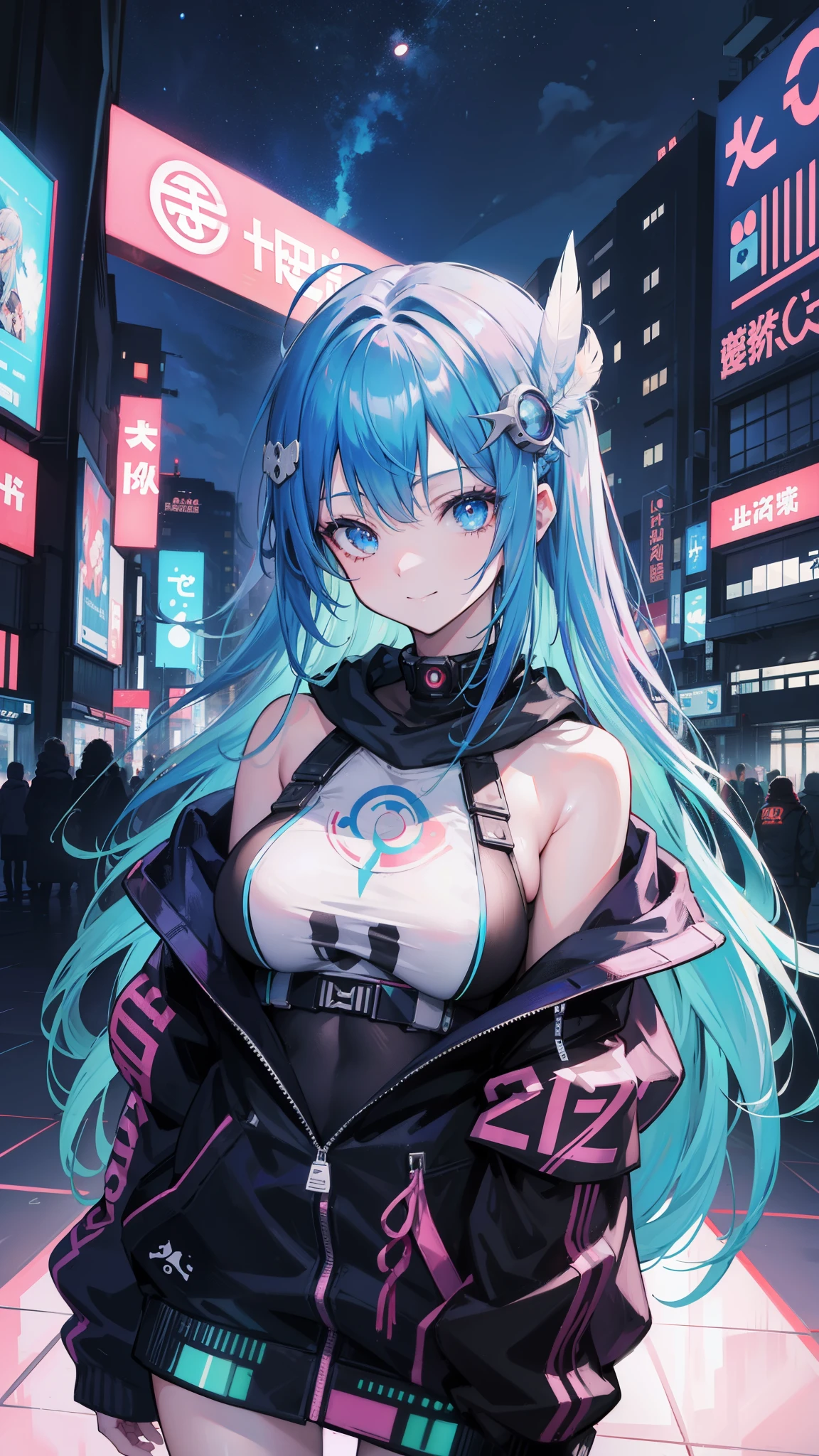 (masutepiece), Best Quality, 超A high resolution,, Cyberpunk 1 girl flies over stunning cityscapes ,Hoodie,Blue hair, neon color流れ星, Very long hair, off shoulders, feathers hair ornament, neon color, flashes, stunning night sky, Cinematic lighting, Photorealistic, Realistic skin, Fisheye, (32k), smile,