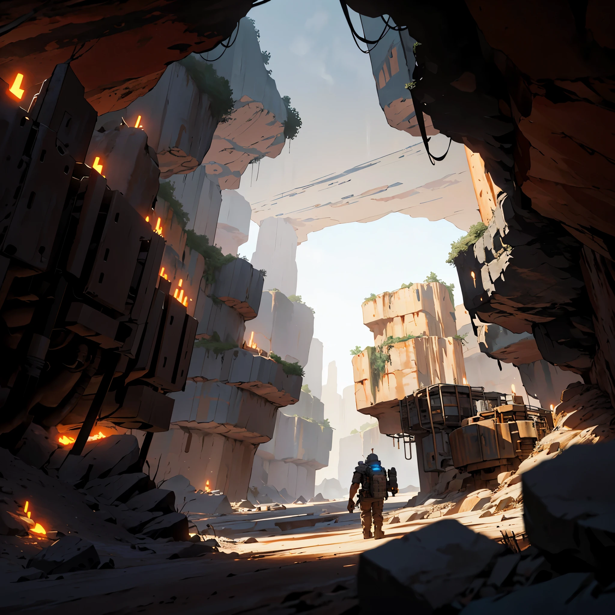 cave,cliff,There is machinery in the distance,Wasteland wind,Scene concept design