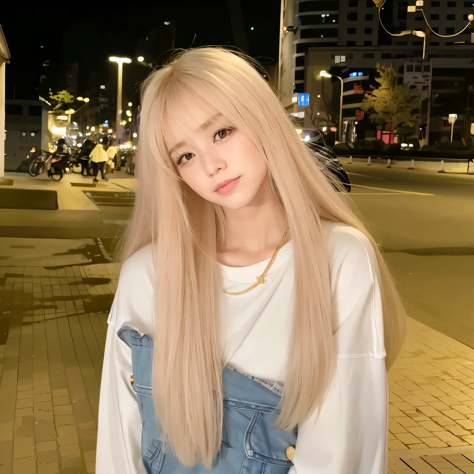 blond haired girl long hair standing on sidewalk at night, 金色long hair和刘海, with golden hair, with blond hair, Urzan, 齐刘海long hair, long hair, long blond hair, 齐刘海long hair, 飘逸飘逸的long hair, Girl wearing white T-shirt and denim top，Long straight blonde hair