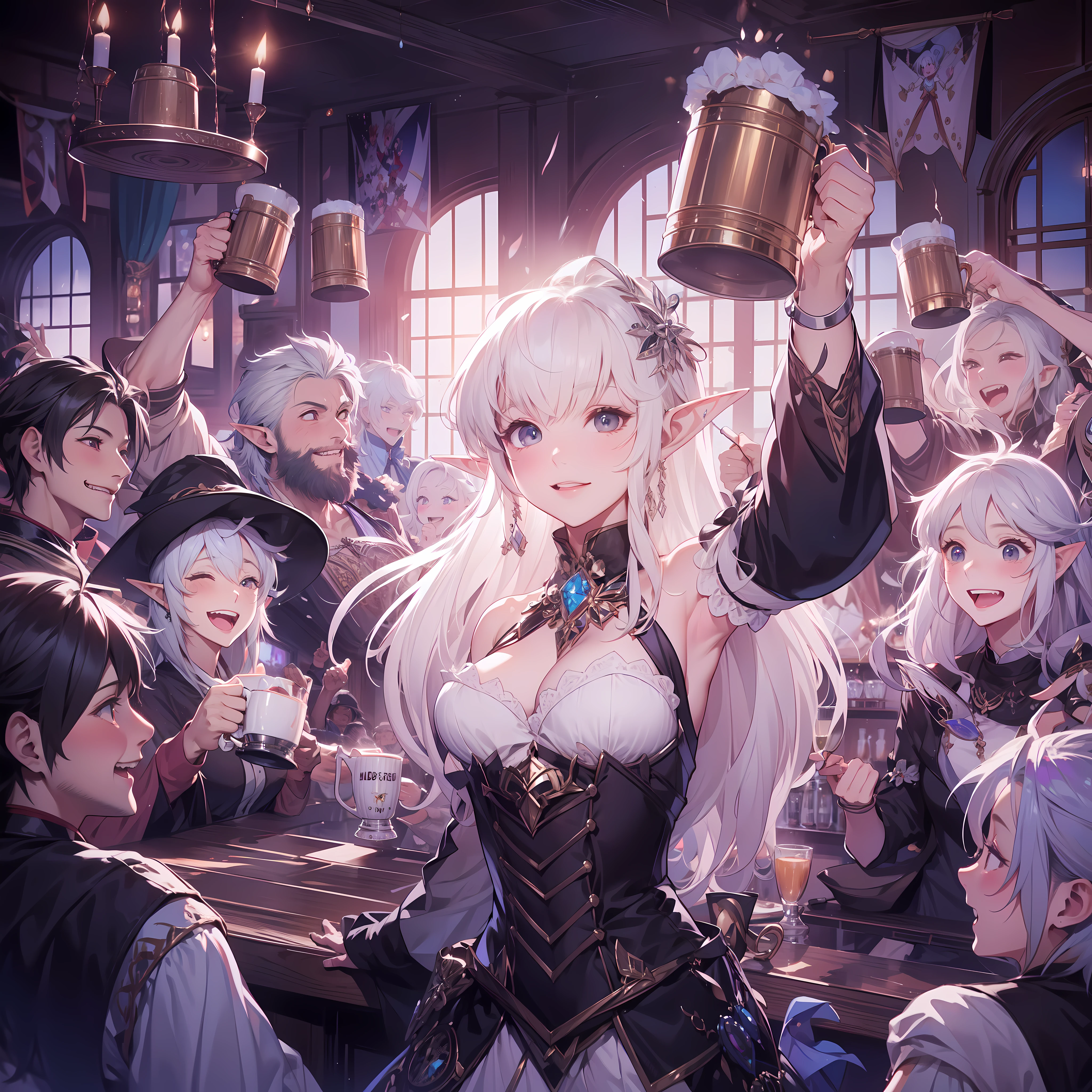 In the lively atmosphere of a bar, a white-haired elf girl stands at the center, raising her mug high. Around her, all the adventurers present join in, raising their mugs in celebration of their victory. The elf girl is surrounded by the happy faces of her companions, embodying the joy and camaraderie of their shared success, (celebratory atmosphere), (raising mugs in unison), (victorious celebration), by Mikimoto Haruhiko 