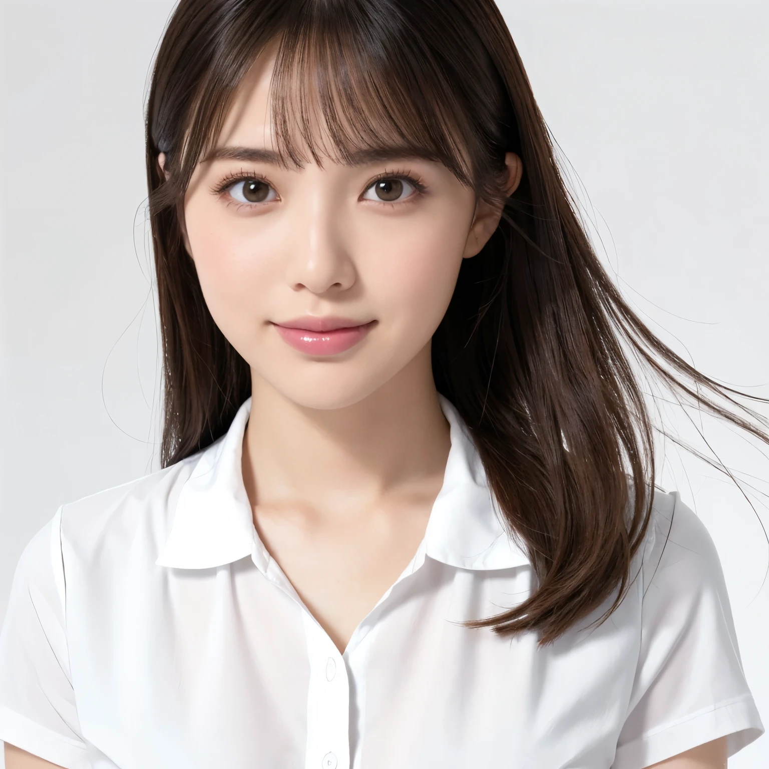 (highest quality、table top、8k、best image quality、Award-winning work)、one cute high school girl、(solo:1.15)、straight medium hair、perfect bangs、(Perfect short sleeve polyester shirt:1.1)、(uniform ribbon on chest:1.2)、(The simplest pure white background:1.5)、(Perfectly fixed to the front:1.3)、(very big breasts:1.4)、(emphasize body line:1.4)、close up of face、(Perfect frontal and horizontal portrait of a woman with adequate white space:1.3)、(Depicting a woman perfectly horizontally and frontally:1.3)、beautiful and detailed eyes、look at me and smile、(Upright photo from the chest up:1.3)、(Please turn and look straight at me:1.3)、elegant makeup、Ultra high definition beauty face、ultra high definition hair、Super high-definition sparkling eyes、Super high resolution glossy lips、accurate anatomy、very beautiful skin、(Super high-definition sparkling pure white skin:1.2)、Graceful upright posture seen from the front、(very bright:1.3)