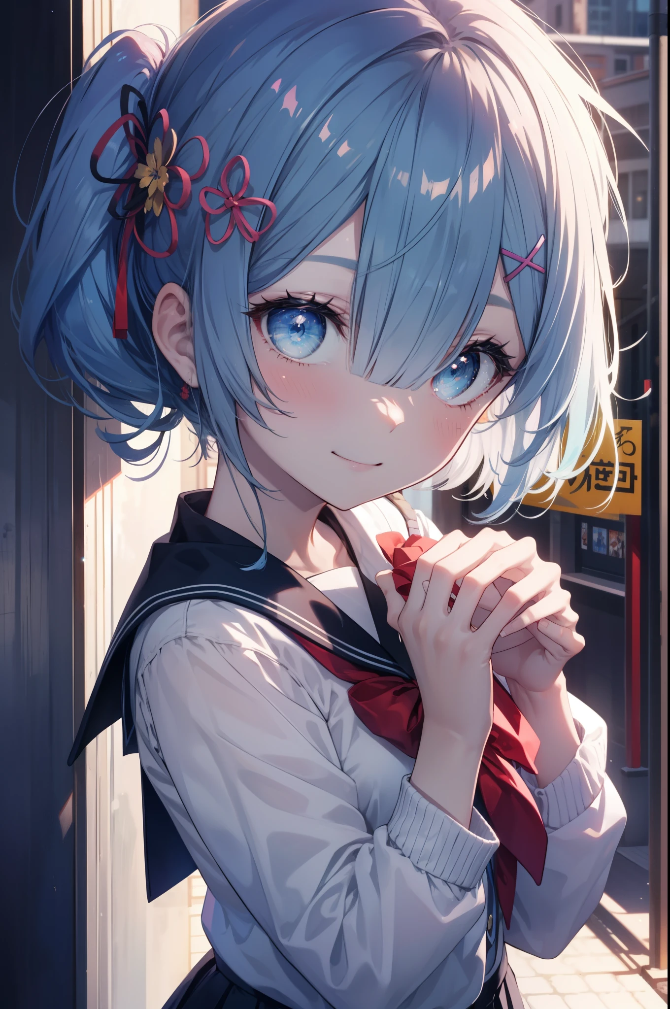 rezeroRem, Rem, blue eyes, blue hair, hair ornaments, hair above one eye, hair ribbon, long hair, x hair ornaments,side ponytail,blush,smile,japanese high school girl uniform(sailor summer clothes),blue summer cardigan,black pleated skirt,white pantyhose,brown loafers,evening,sunset,下校中
break outdoors, In town,building street,
break looking at viewer, 
break (masterpiece:1.2), highest quality, High resolution, unity 8k wallpaper, (figure:0.8), (detailed and beautiful eyes:1.6), extRemely detailed face, perfect lighting, extRemely detailed CG, (perfect hands, perfect anatomy),
