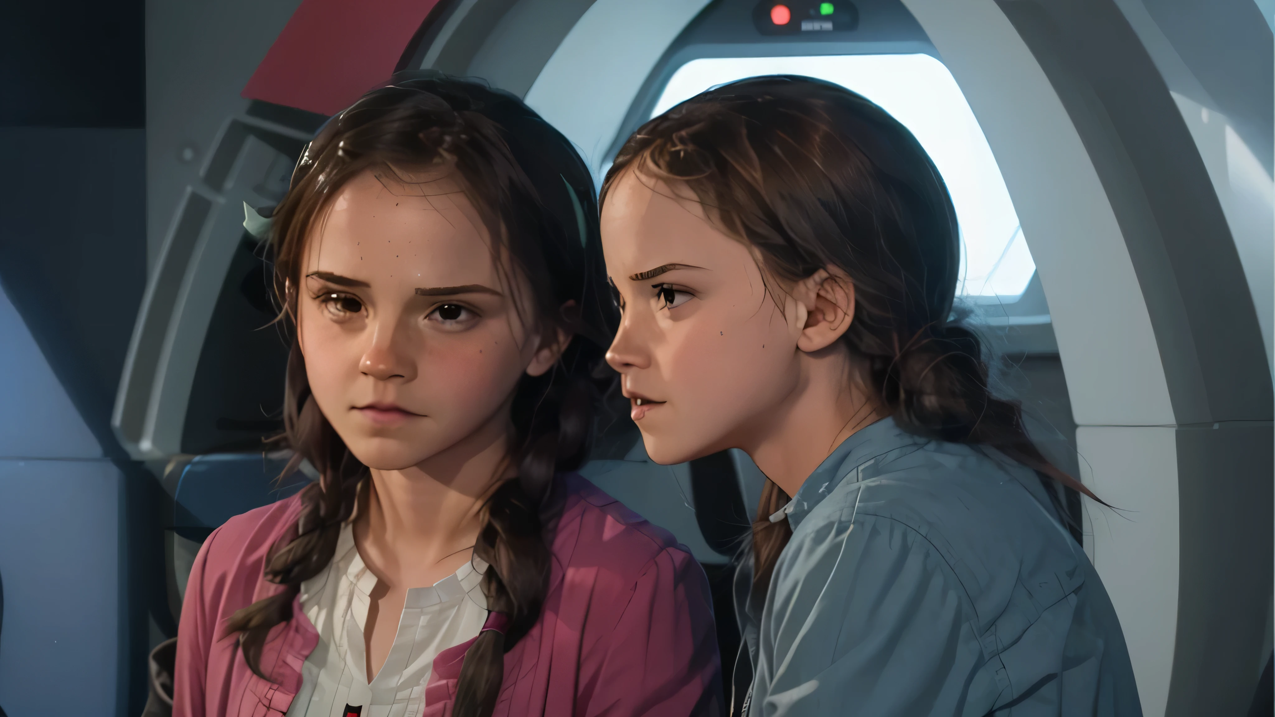 ((Emma Watson)) and ((Greta Thunberg)) in open white jumpsuits with blue and orange patches are standing on the bridge of a starship discussing another starship that can be seen on the bridges screens