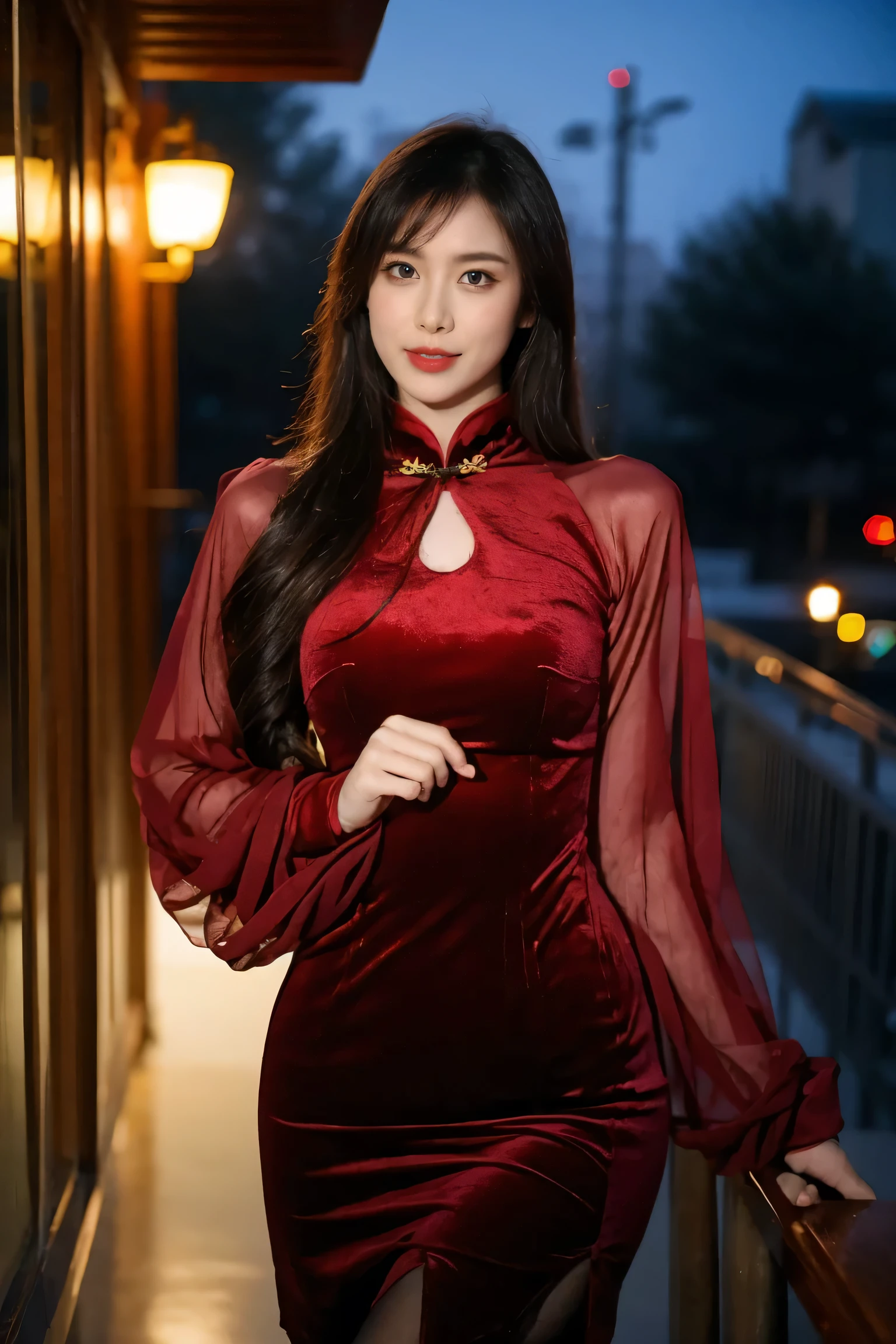 Super detailed,Very detailed,best quality,masterpiece,illustration,actual,photoactual,
WHQP, qipao, alone, 1 girl, 
red dress,red sleeves, Cross-dressing, 
Chinese clothes, Chinese dress, Transparent sleeves, long sleeves, cleavage cutout, pantyhose, round glasses, side slits, 
long hair, Bangs,
looking at the audience,Cowboy shooting, 
Outdoor activities, City,night,City lights, street, 
 