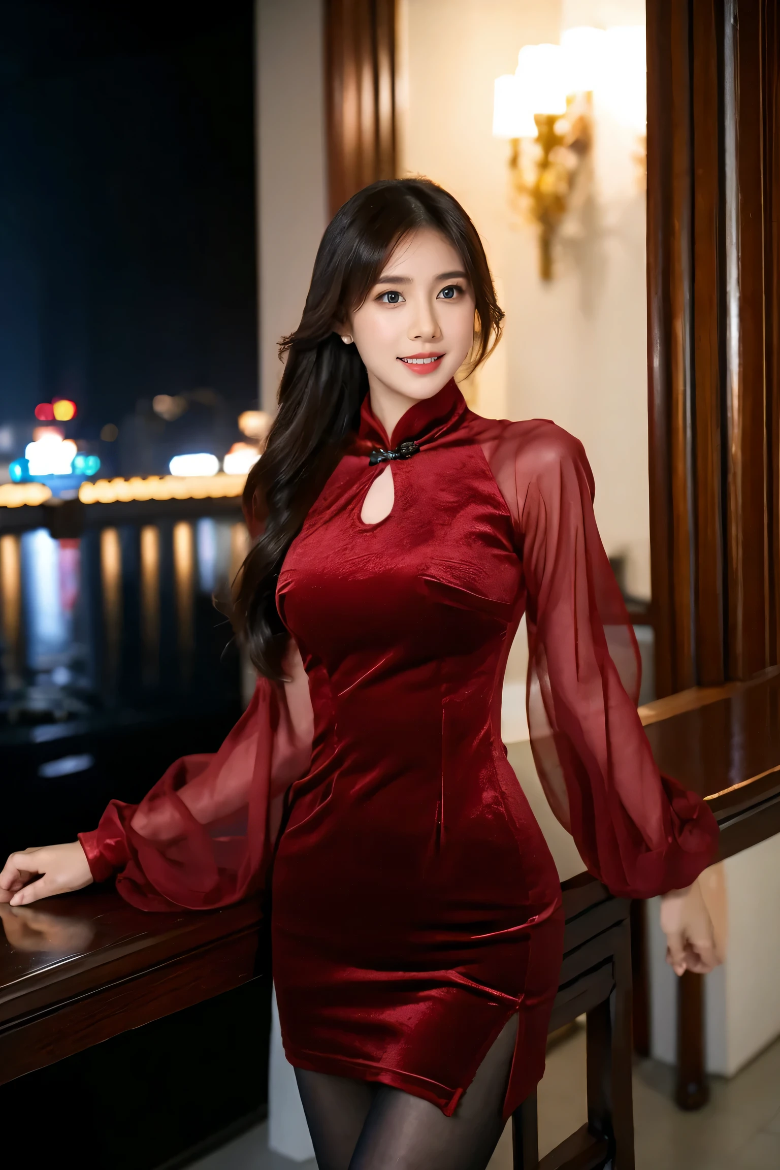 Super detailed,Very detailed,best quality,masterpiece,illustration,actual,photoactual,
WHQP, qipao, alone, 1 girl, 
red dress,red sleeves, Cross-dressing, 
Chinese clothes, Chinese dress, Transparent sleeves, long sleeves, cleavage cutout, pantyhose, round glasses, side slits, 
long hair, Bangs,
looking at the audience,Cowboy shooting, 
Outdoor activities, City,night,City lights, street, 
 